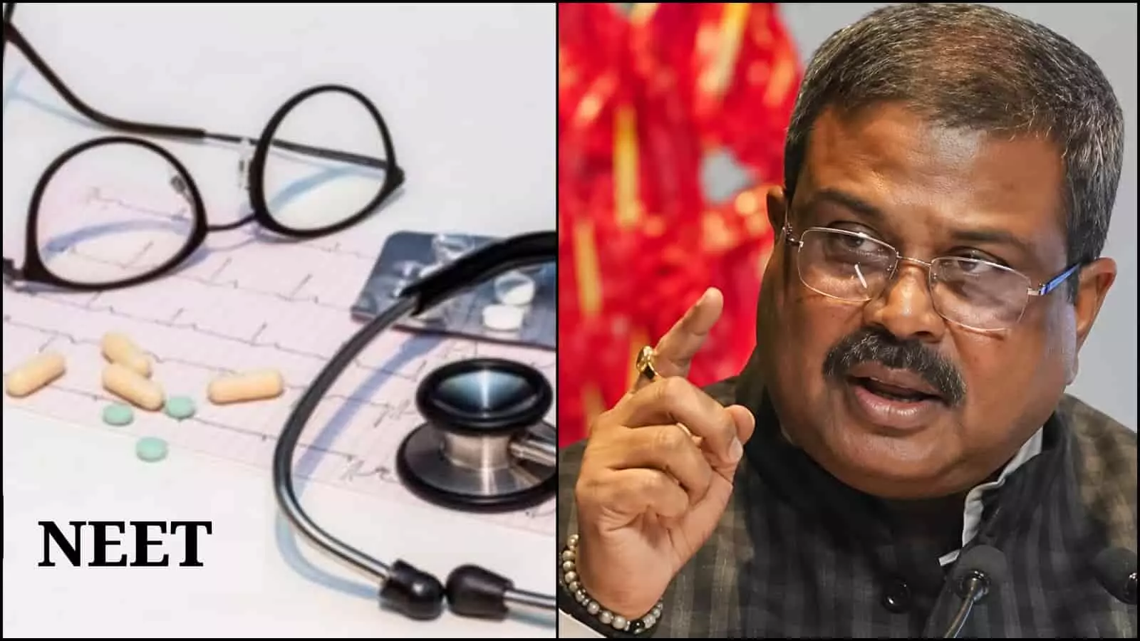 चश्मा और मेडिकल उपकरणों के साथ नीट का लोगो और बोलते हुए शिक्षा मंत्री धर्मेंद्र प्रधान। चश्मा और मेडिकल उपकरणों के साथ नीट का लोगो और बोलते हुए शिक्षा मंत्री धर्मेंद्र प्रधान।