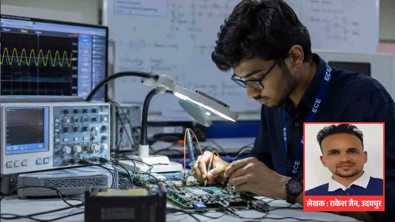 इलेक्ट्रॉनिक्स लैब में मशीन पर काम करता छात्र और सहायक प्रोफेसर राकेश जैन की तस्वीर ई.सी.ई. करियर मार्गदर्शन के संदर्भ में। इलेक्ट्रॉनिक्स लैब में मशीन पर काम करता छात्र और सहायक प्रोफेसर राकेश जैन की तस्वीर ई.सी.ई. करियर मार्गदर्शन के संदर्भ में।
