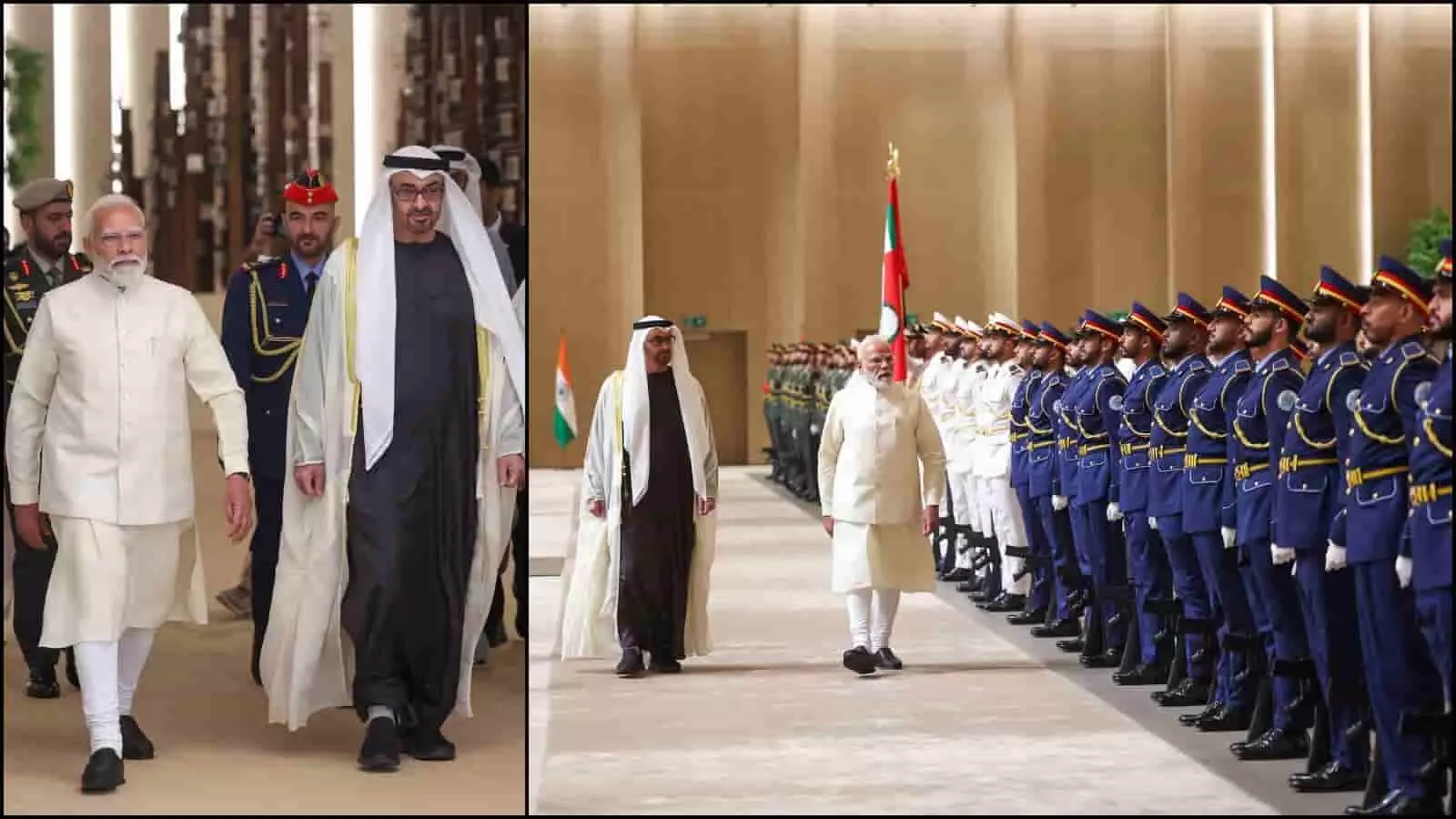 राष्ट्रपति शेख मोहम्मद बिन जायद के साथ चलते प्रधानमंत्री नरेंद्र मोदी और गार्ड ऑफ ऑनर देते यूएई के सैनिक। राष्ट्रपति शेख मोहम्मद बिन जायद के साथ चलते प्रधानमंत्री नरेंद्र मोदी और गार्ड ऑफ ऑनर देते यूएई के सैनिक।