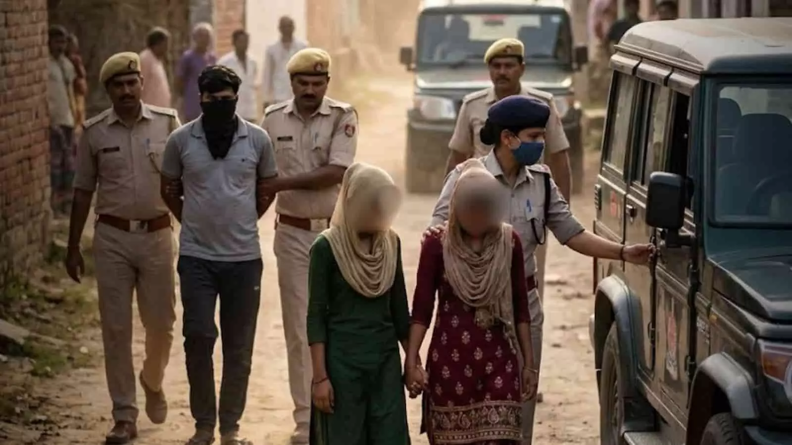 पुलिस कस्टडी में खड़ा नकाबपोश आरोपी और सुरक्षाकर्मी प्रतीकात्मक एआई जनरेटेड फोटो