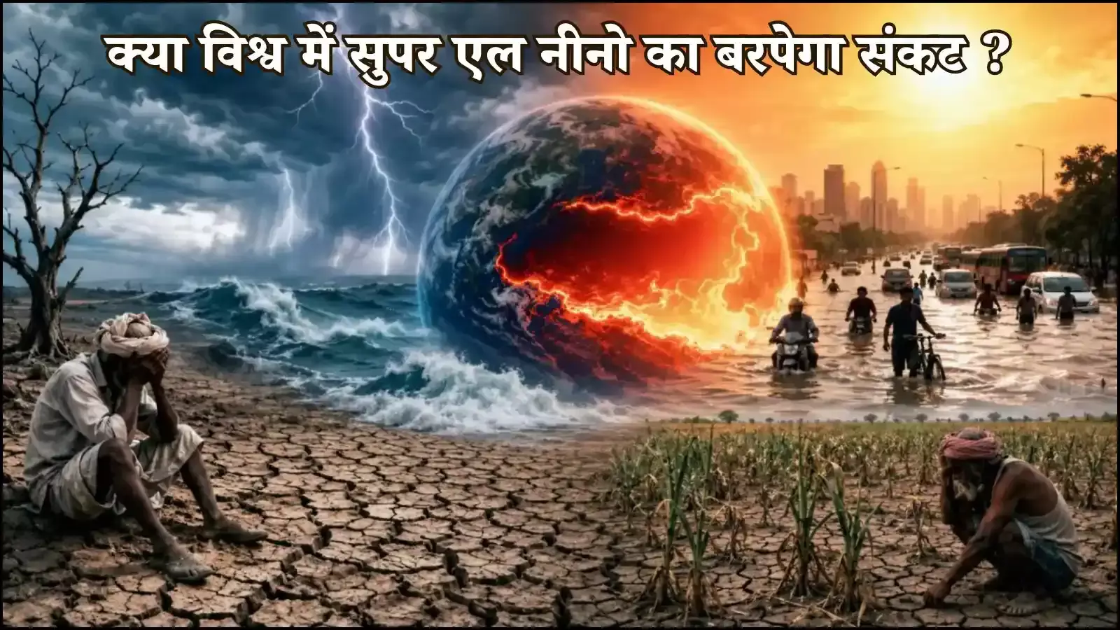 सूखे खेत में बैठा किसान और दूसरी ओर बाढ़ में डूबी सड़क जिस पर गाड़ियां चल रही हैं।