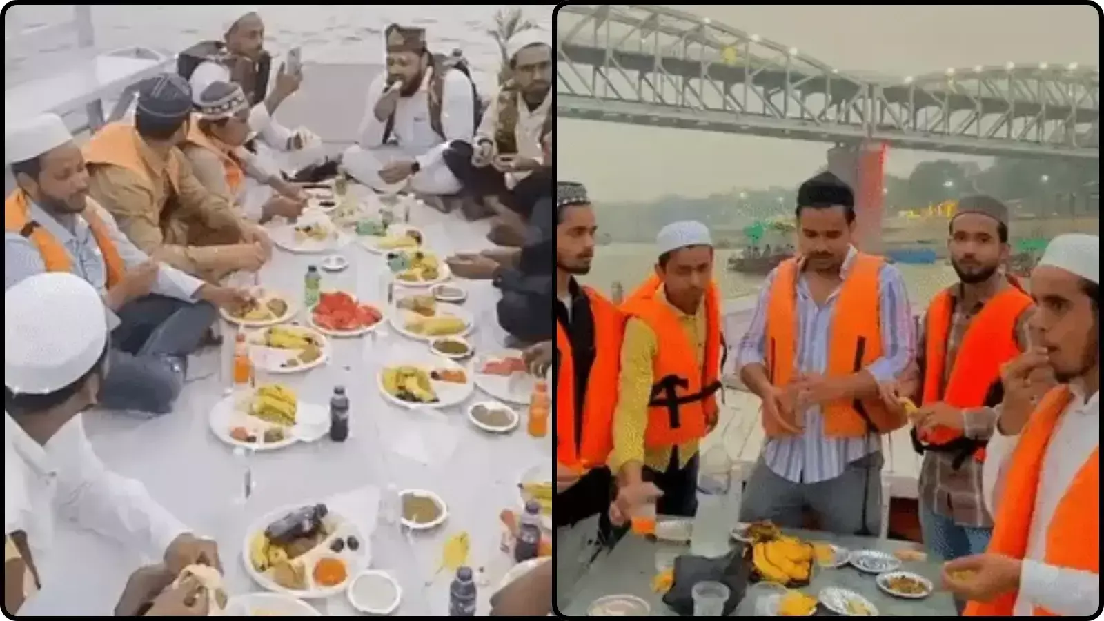दो चित्रों के कोलाज में लोग नाव पर बैठकर भोजन करते और खड़े होकर बातचीत करते दिख रहे हैं।