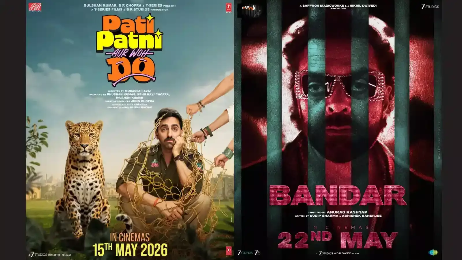 दो फिल्मों के पोस्टर का कोलाज जिसमें आयुष्मान खुराना और बॉबी देओल क्रमशः अपनी फिल्मों के लिए दिख रहे हैं।
