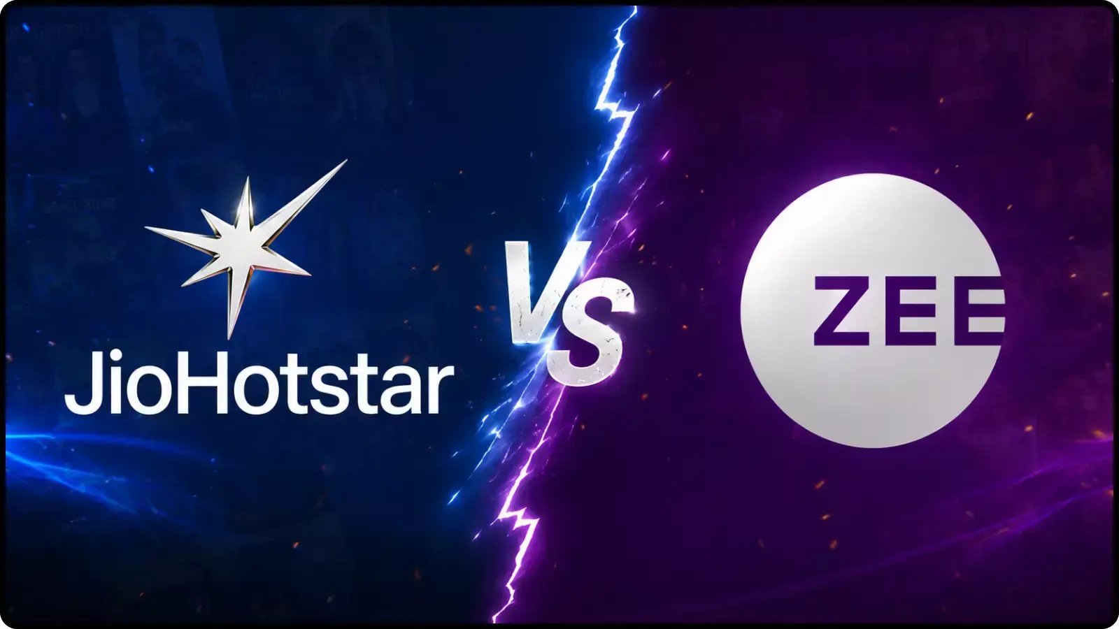 काले बैकग्राउंड पर नीले और बैंगनी प्रकाश के साथ JioStar और Zee के लोगो आमने-सामने दिख रहे हैं।