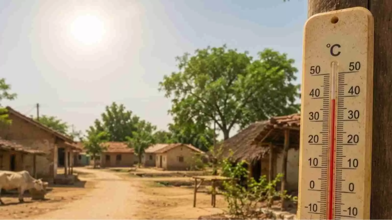 लकड़ी के खंभे पर लगा थर्मामीटर जो गांव की पृष्ठभूमि में अत्यधिक गर्मी और उच्च तापमान दिखा रहा है। लकड़ी के खंभे पर लगा थर्मामीटर जो गांव की पृष्ठभूमि में अत्यधिक गर्मी और उच्च तापमान दिखा रहा है।