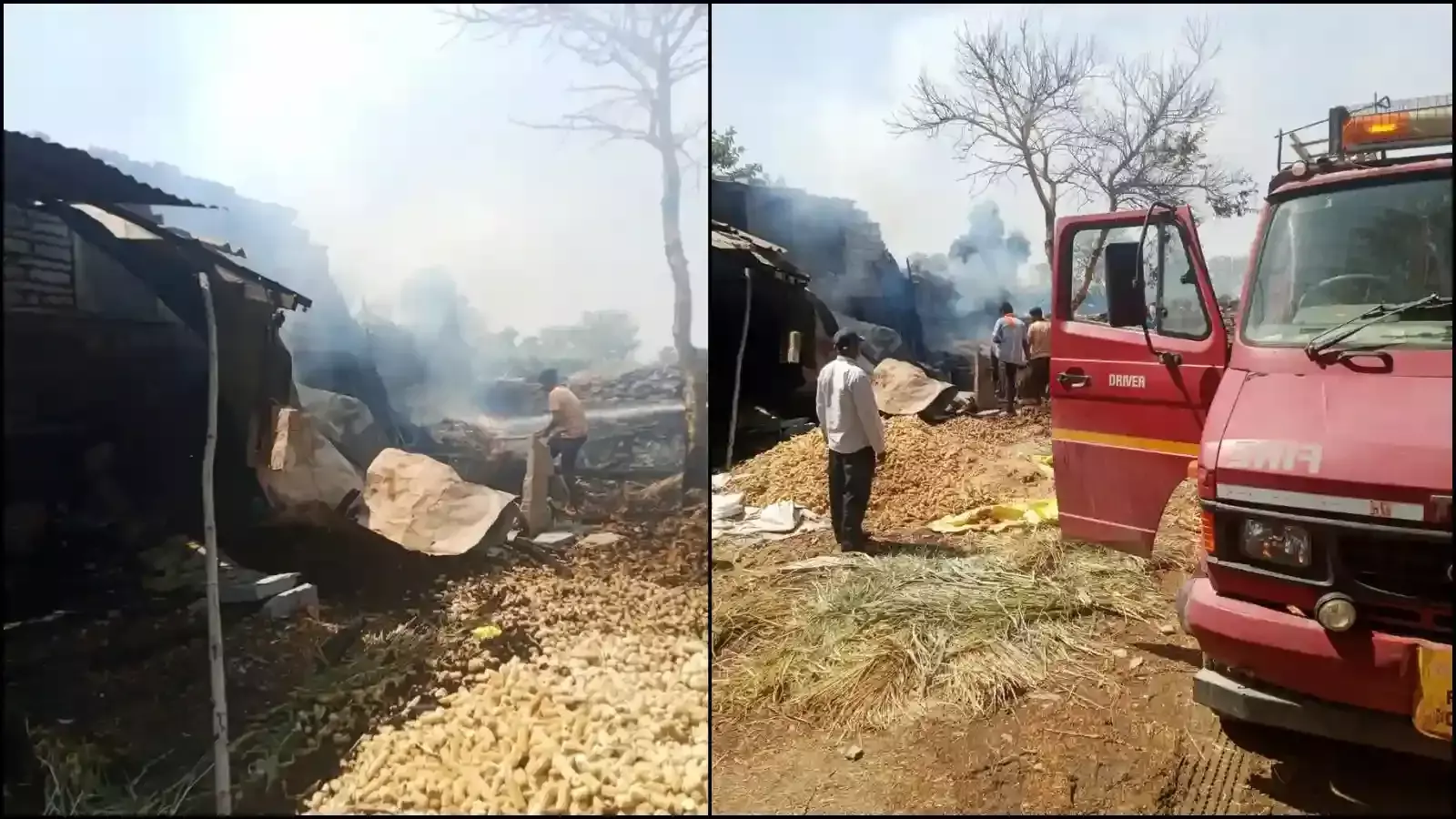 निम्बाहेड़ा के जावदा गांव में नोहरों में लगी भीषण आग को बुझाते दमकलकर्मी और ग्रामीण।