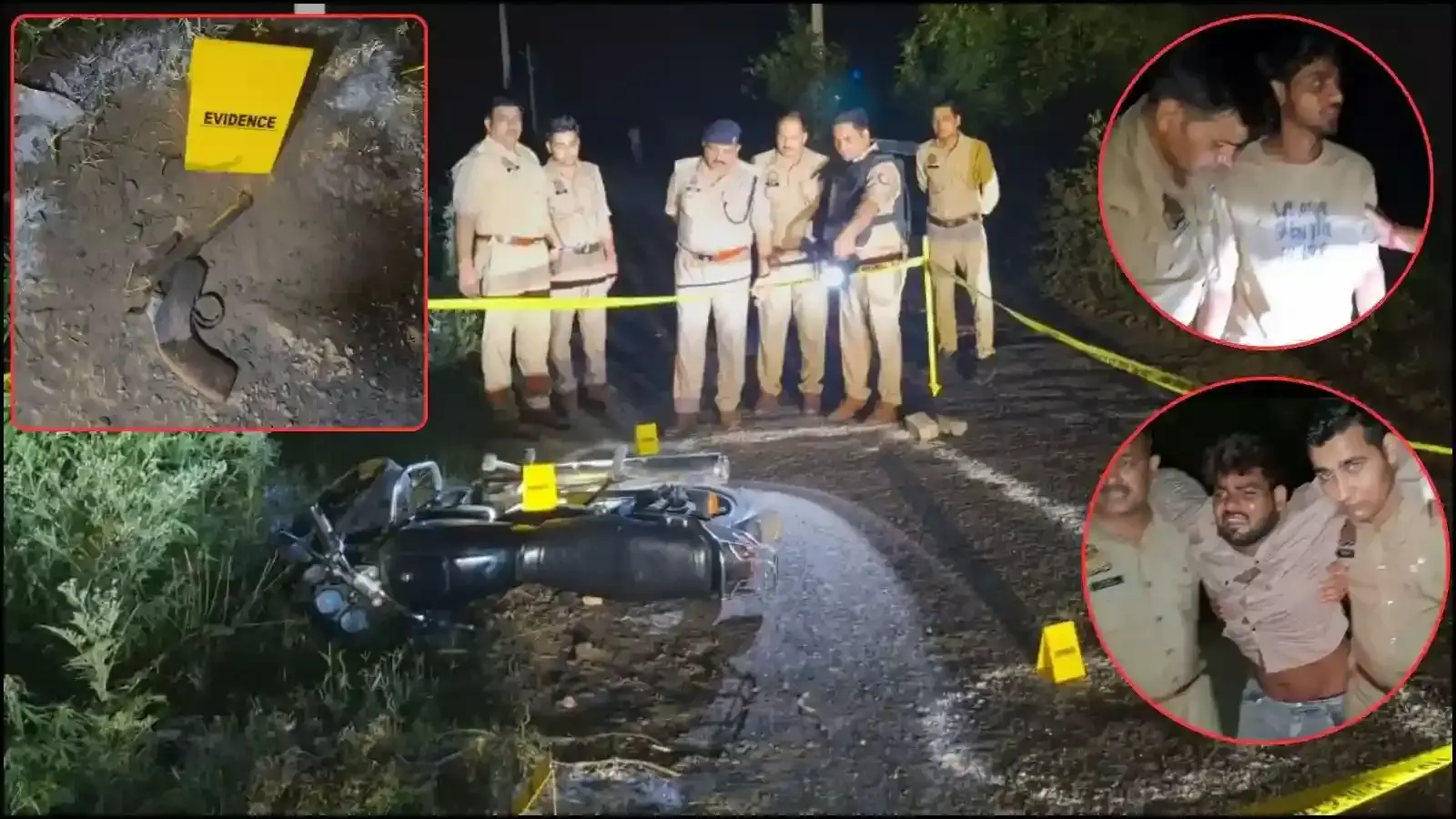 एटा के धरौली रोड पर मुठभेड़ के बाद पुलिस अभिरक्षा में खड़े दो गिरफ्तार आरोपी।