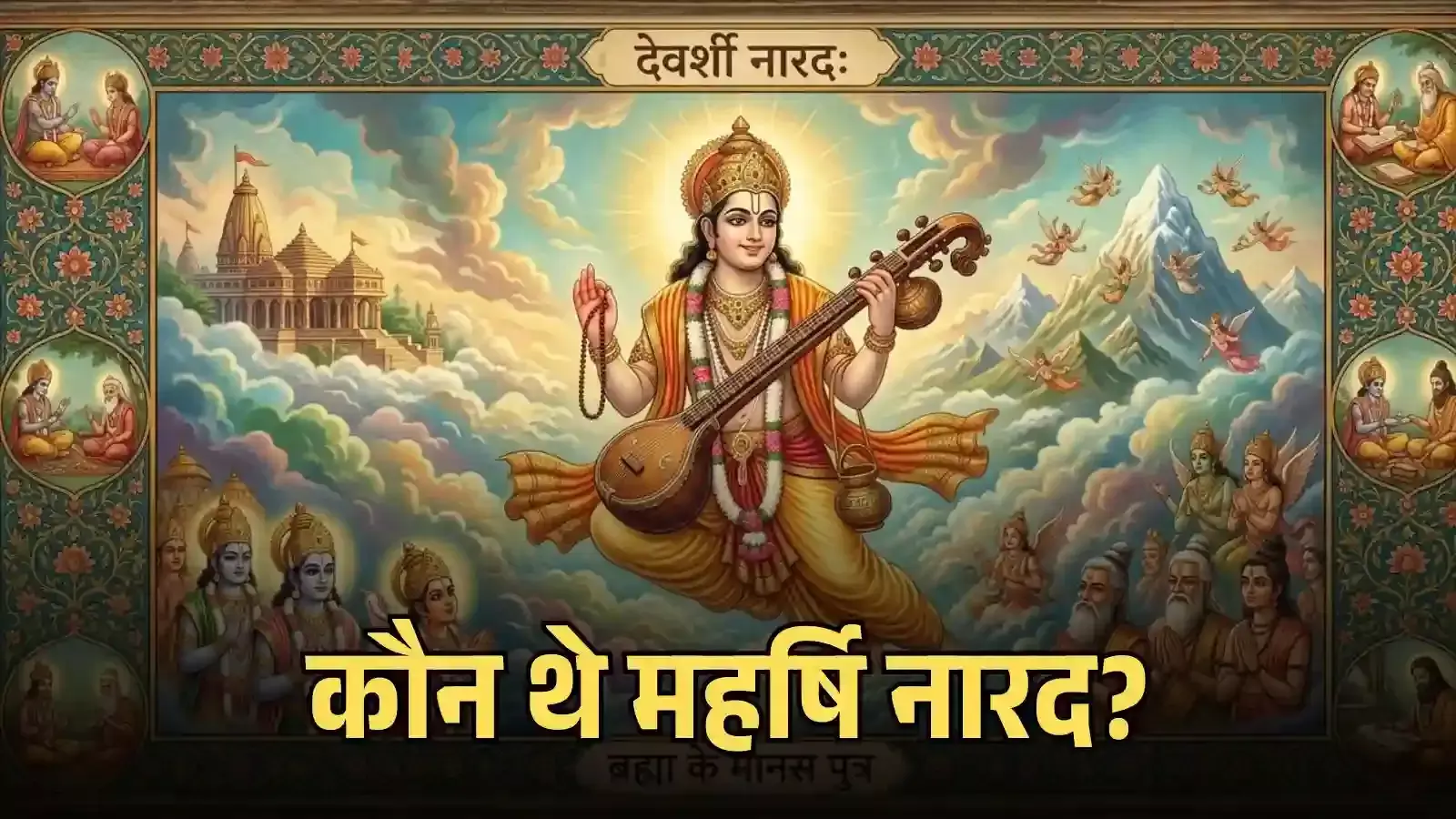 हाथ में वीणा लिए देवर्षि नारद मुनि की एक पौराणिक चित्रमयी प्रस्तुति। यह चित्र केवल समझाने के उद्देश्य से एआई द्वारा तैयार किया गया है। Image generated by AI for illustrative purposes. हाथ में वीणा लिए देवर्षि नारद मुनि की एक पौराणिक चित्रमयी प्रस्तुति। यह चित्र केवल समझाने के उद्देश्य से एआई द्वारा तैयार किया गया है। Image generated by AI for illustrative purposes.