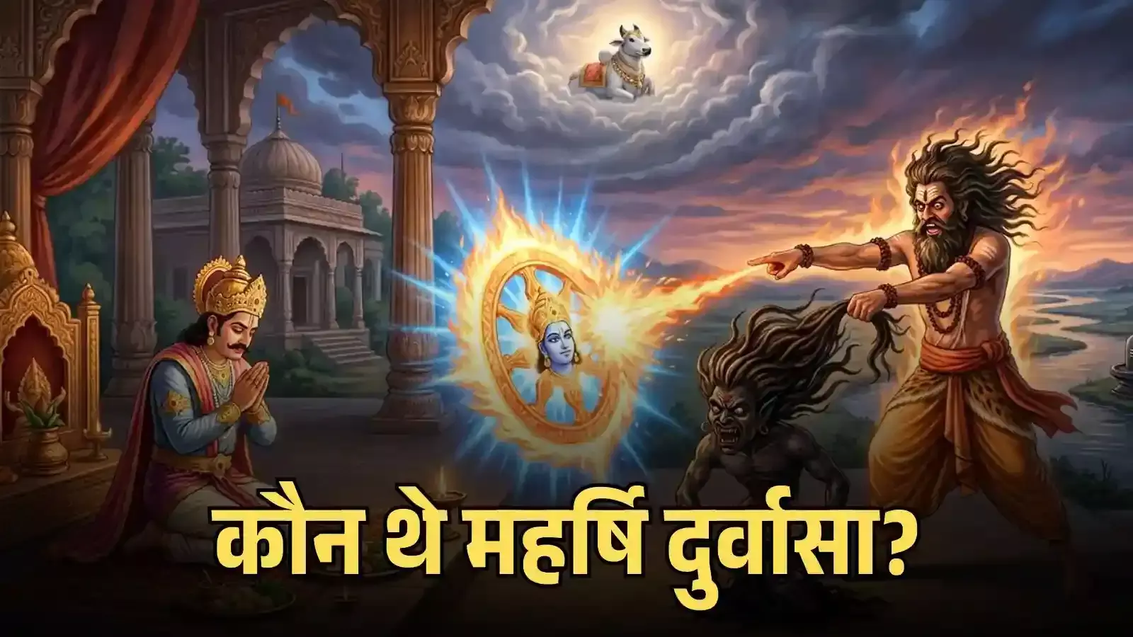 नदी किनारे खड़े क्रोधी महर्षि दुर्वासा और महल में एकादशी व्रत खोलने की तैयारी करते राजा अंबरीश का एक काल्पनिक चित्रण। (Image generated by AI for illustrative purposes.) नदी किनारे खड़े क्रोधी महर्षि दुर्वासा और महल में एकादशी व्रत खोलने की तैयारी करते राजा अंबरीश का एक काल्पनिक चित्रण। (Image generated by AI for illustrative purposes.)