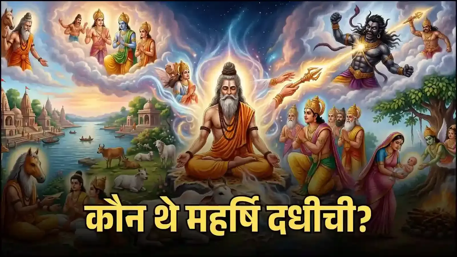 गंगा नदी के तट पर स्थित आश्रम में योग समाधि की मुद्रा में बैठे पौराणिक ऋषि महर्षि दधीची की एआई जनित प्रतीकात्मक तस्वीर। गंगा नदी के तट पर स्थित आश्रम में योग समाधि की मुद्रा में बैठे पौराणिक ऋषि महर्षि दधीची की एआई जनित प्रतीकात्मक तस्वीर।