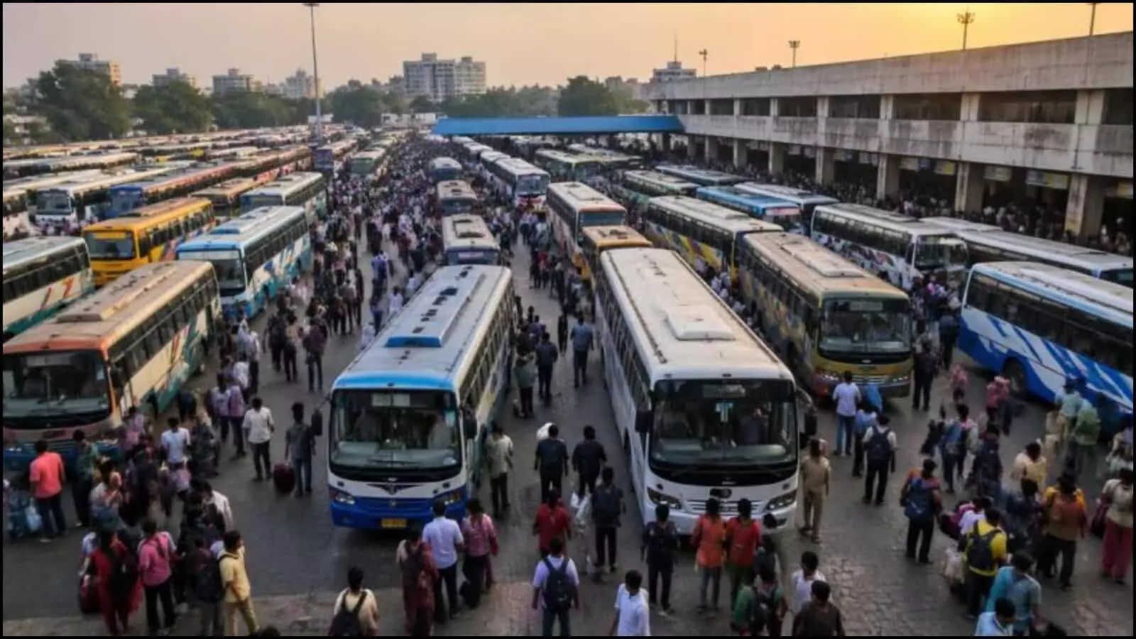 बस टर्मिनल पर कतार में खड़ीं तमिलनाडु परिवहन निगम की बसें और आवाजाही करते यात्री बस टर्मिनल पर कतार में खड़ीं तमिलनाडु परिवहन निगम की बसें और आवाजाही करते यात्री