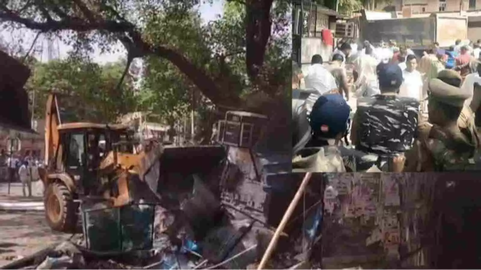 मलबे को हटाती हुई एक पीली जेसीबी मशीन और सुरक्षा के लिए खड़े पुलिसकर्मी लखनऊ में अतिक्रमण हटाते हुए।
