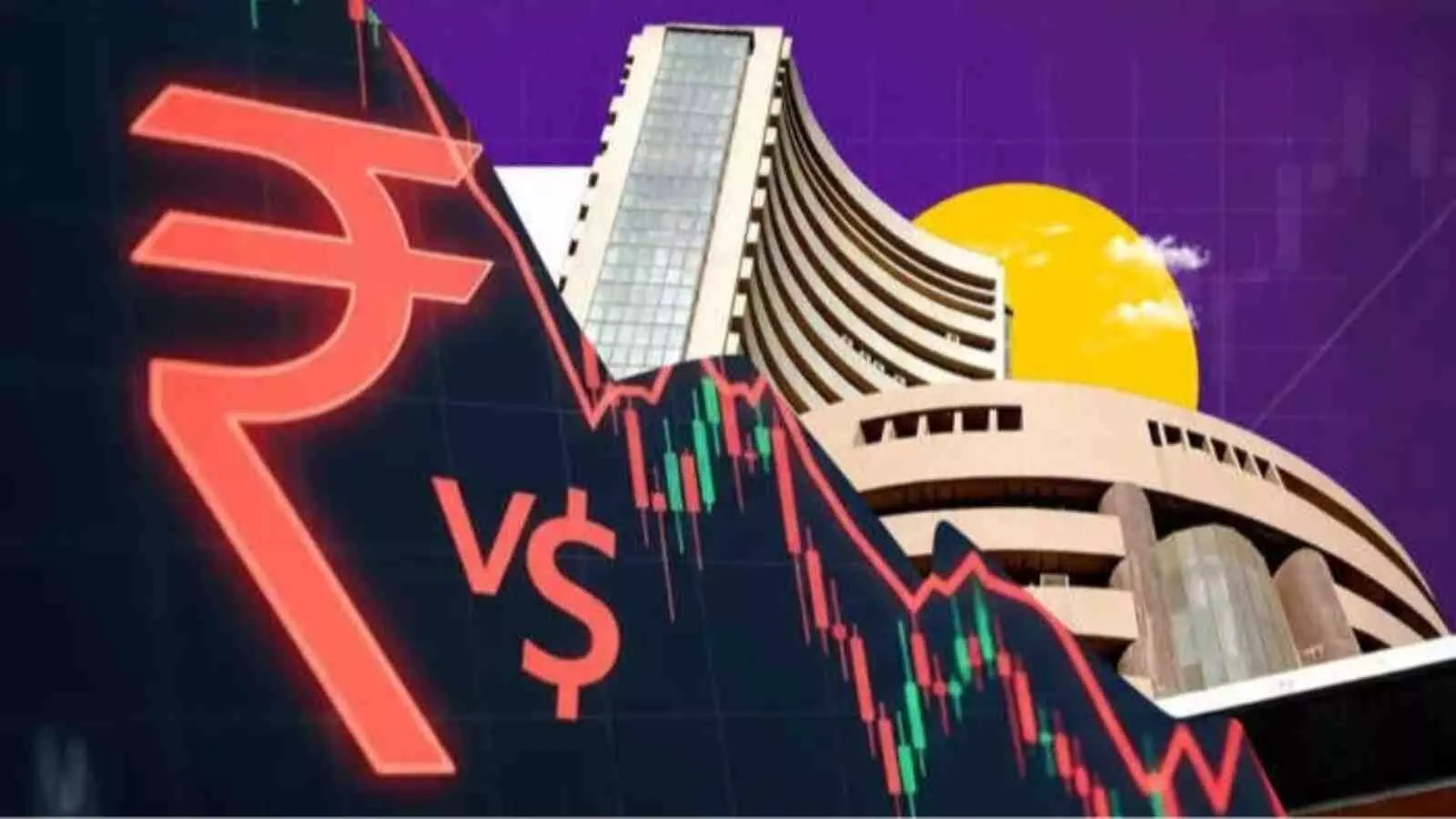बंबई स्टॉक एक्सचेंज की इमारत और डॉलर के मुकाबले रुपये की गिरावट को दर्शाता हुआ ग्राफिकल चार्ट। बंबई स्टॉक एक्सचेंज की इमारत और डॉलर के मुकाबले रुपये की गिरावट को दर्शाता हुआ ग्राफिकल चार्ट।