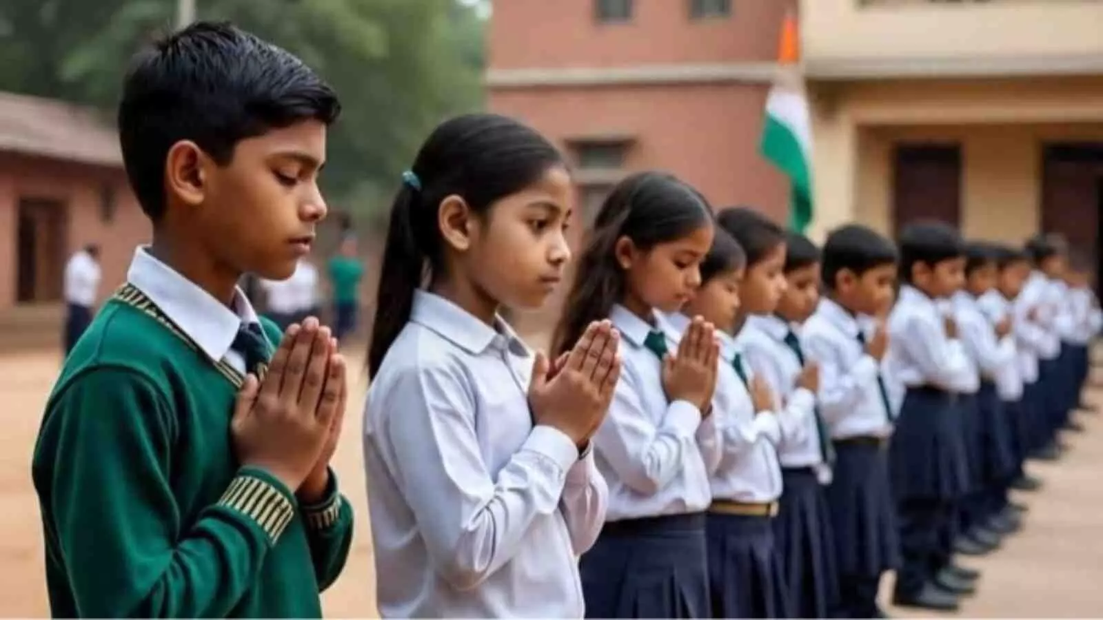 स्कूल की पोशाक पहने हुए और हाथ जोड़कर आंखें बंद किए खड़े बच्चे। स्कूल की पोशाक पहने हुए और हाथ जोड़कर आंखें बंद किए खड़े बच्चे।