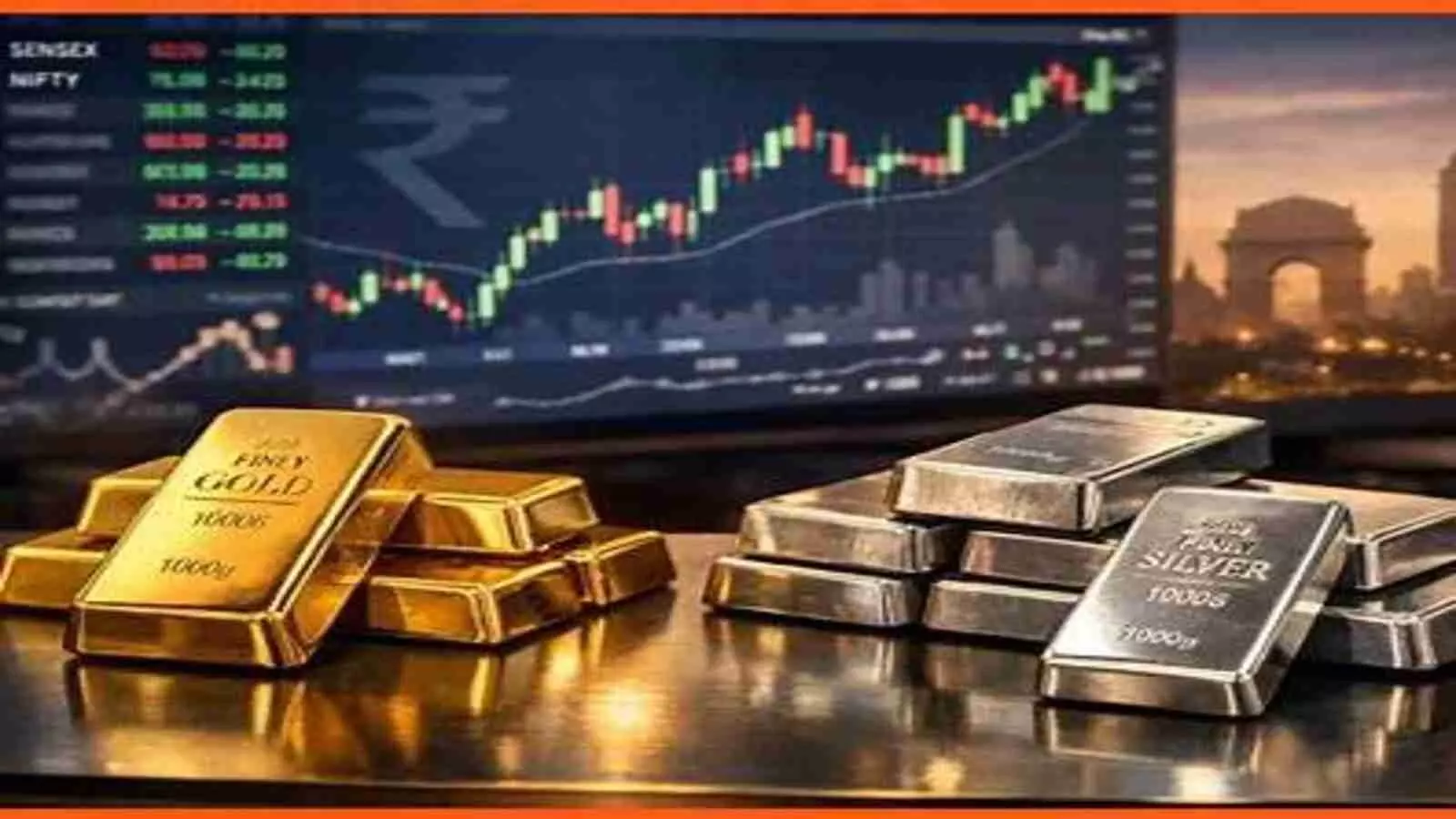 ग्राफिक्स स्क्रीन के सामने मेज पर रखे सोने और चांदी के बिस्कुट। ग्राफिक्स स्क्रीन के सामने मेज पर रखे सोने और चांदी के बिस्कुट।