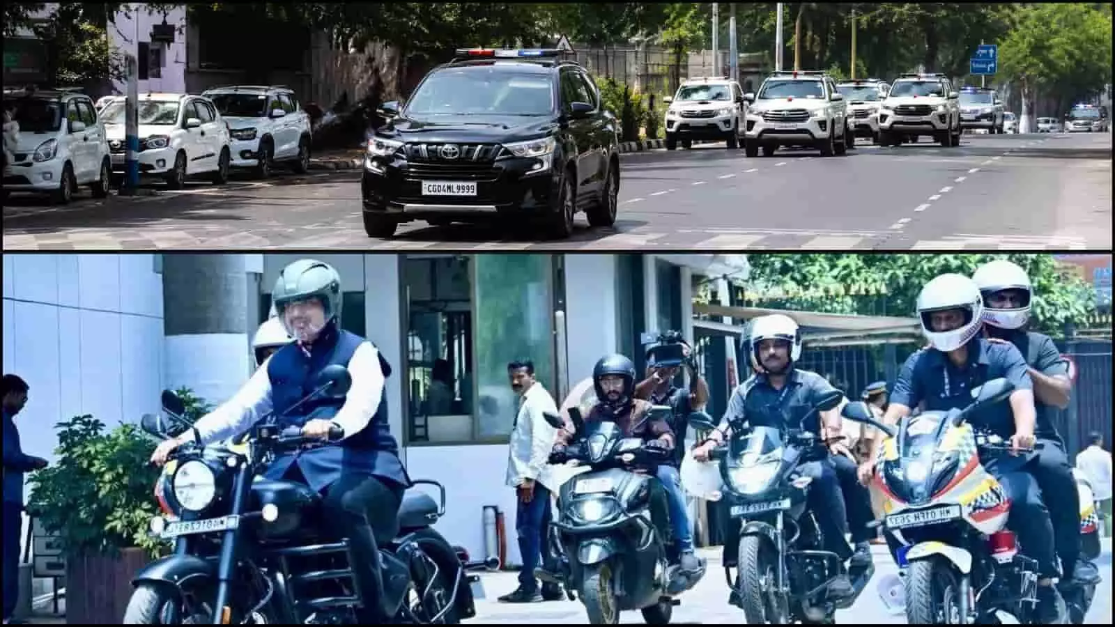 सड़क पर चलती सुरक्षा गाड़ियों की कतार और बुलेट बाइक चलाते उपमुख्यमंत्री देवेंद्र फडणवीस का दृश्य। सड़क पर चलती सुरक्षा गाड़ियों की कतार और बुलेट बाइक चलाते उपमुख्यमंत्री देवेंद्र फडणवीस का दृश्य।