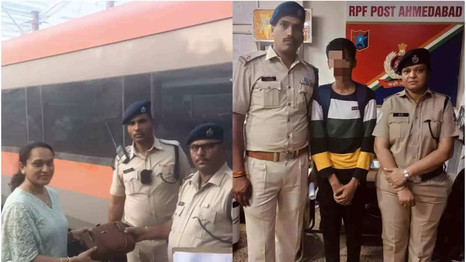 अहमदाबाद रेलवे स्टेशन पर आरपीएफ पुलिस अधिकारी यात्री को सामान लौटाते और लापता बालक के साथ खड़े हैं। अहमदाबाद रेलवे स्टेशन पर आरपीएफ पुलिस अधिकारी यात्री को सामान लौटाते और लापता बालक के साथ खड़े हैं।