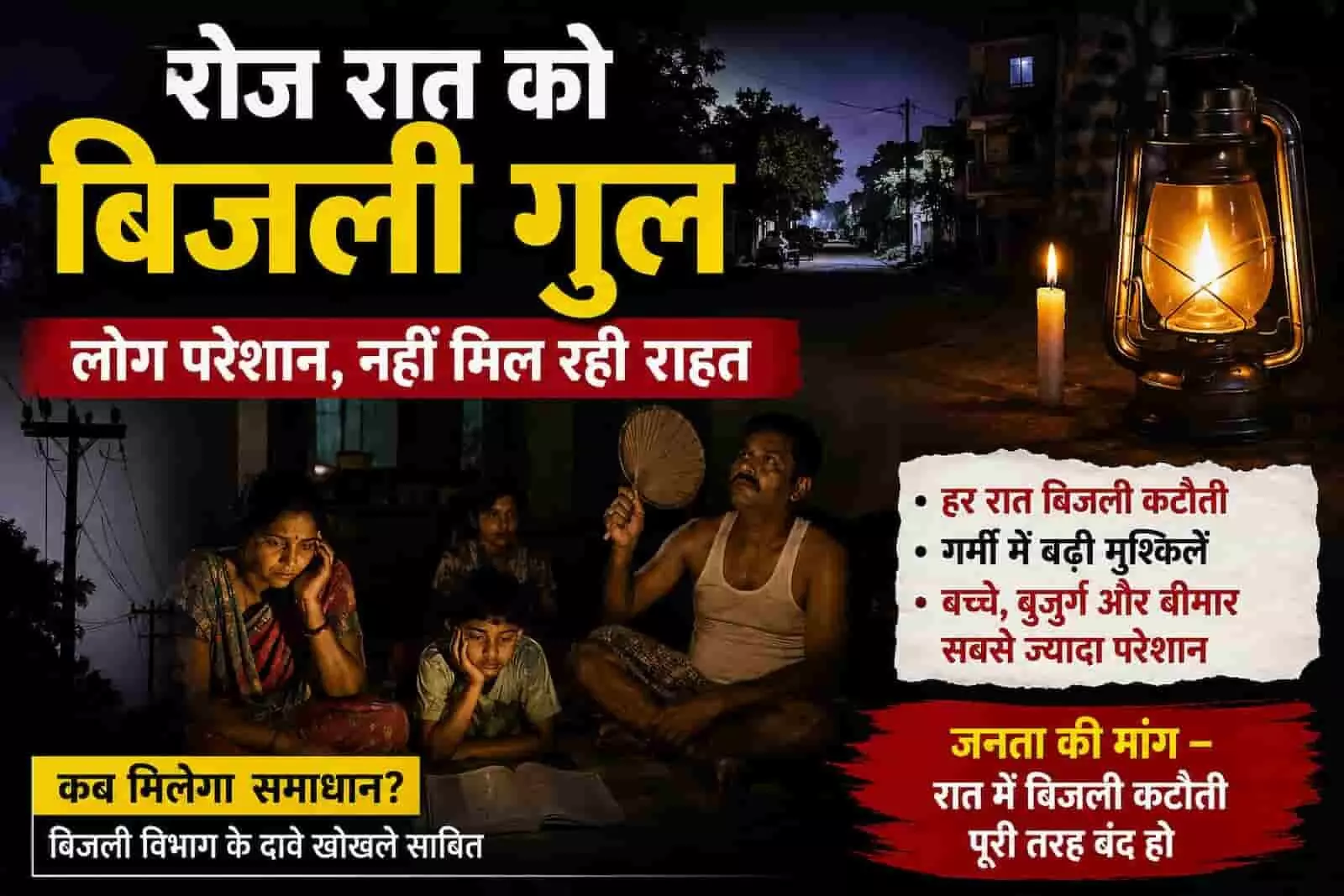 रात के समय बिजली गुल होने पर लालटेन की रोशनी में बैठे ग्रामीण और पढ़ते हुए बच्चे। रात के समय बिजली गुल होने पर लालटेन की रोशनी में बैठे ग्रामीण और पढ़ते हुए बच्चे।