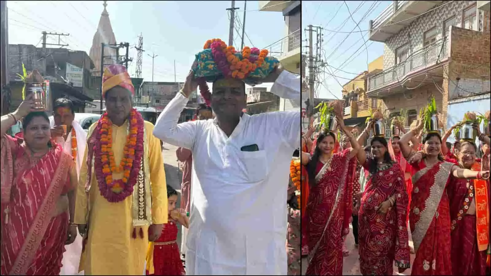 डीग में श्रीराम कथा महोत्सव की कलश यात्रा में सिर पर मंगल कलश और सिर पर साफा धारण किए हुए श्रद्धालु। डीग में श्रीराम कथा महोत्सव की कलश यात्रा में सिर पर मंगल कलश और सिर पर साफा धारण किए हुए श्रद्धालु।