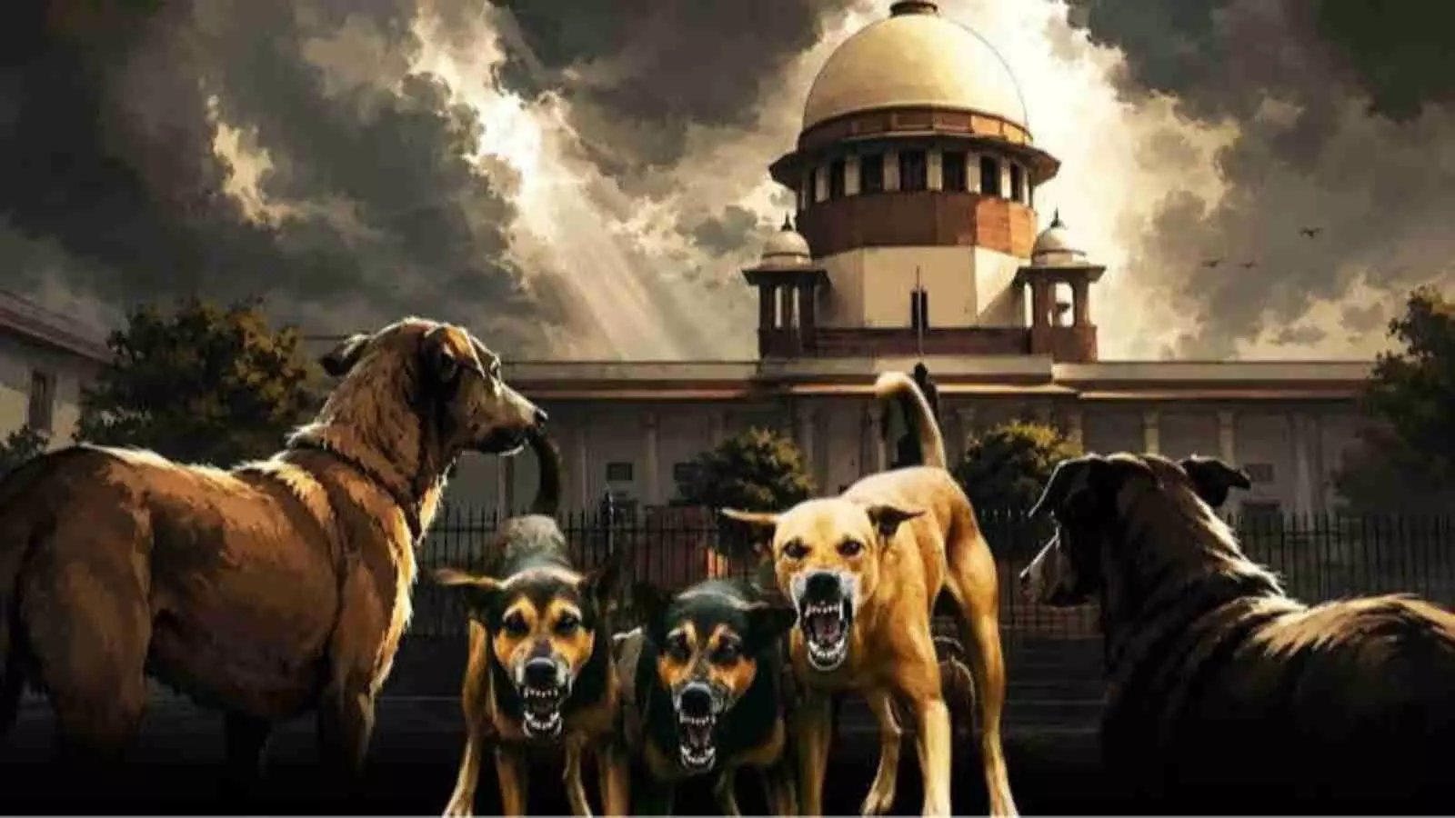 आक्रामक मुद्रा में भौंकते हुए कुछ आवारा कुत्ते जो एक बड़े अदालती भवन के परिसर के सामने दिखाई दे रहे हैं। आक्रामक मुद्रा में भौंकते हुए कुछ आवारा कुत्ते जो एक बड़े अदालती भवन के परिसर के सामने दिखाई दे रहे हैं।