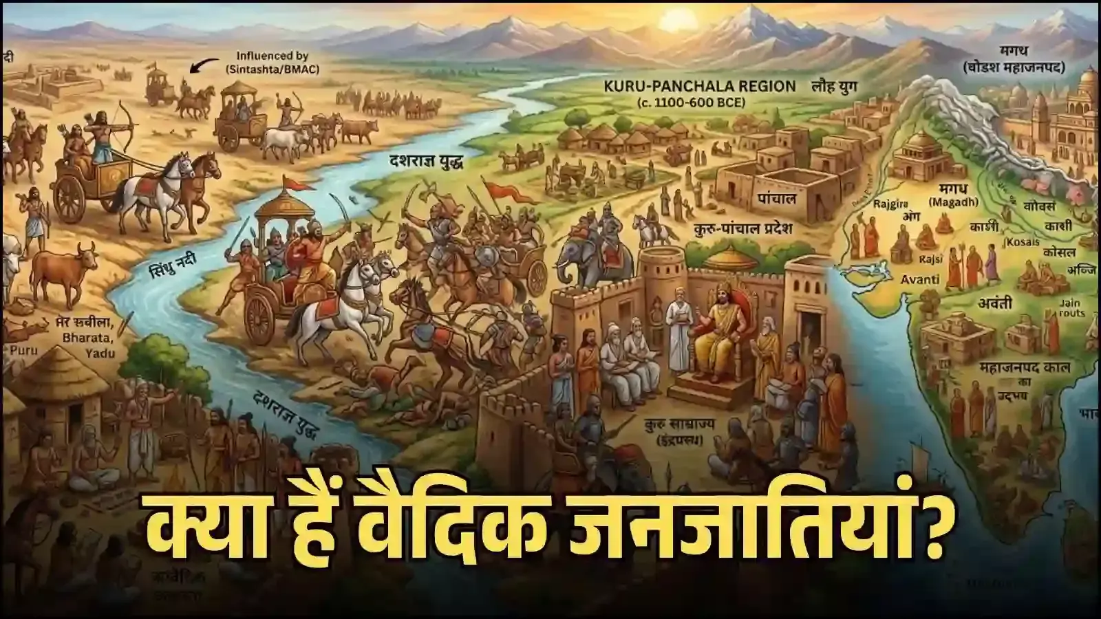प्राचीन आर्यावर्त के भौगोलिक विस्तार को दर्शाता हुआ एक ऐतिहासिक मानचित्र जिसमें वैदिक जनजातियों के जनपदों की स्थिति प्रदर्शित है और यह चित्र केवल संदर्भ के लिए एआई द्वारा निर्मित है।