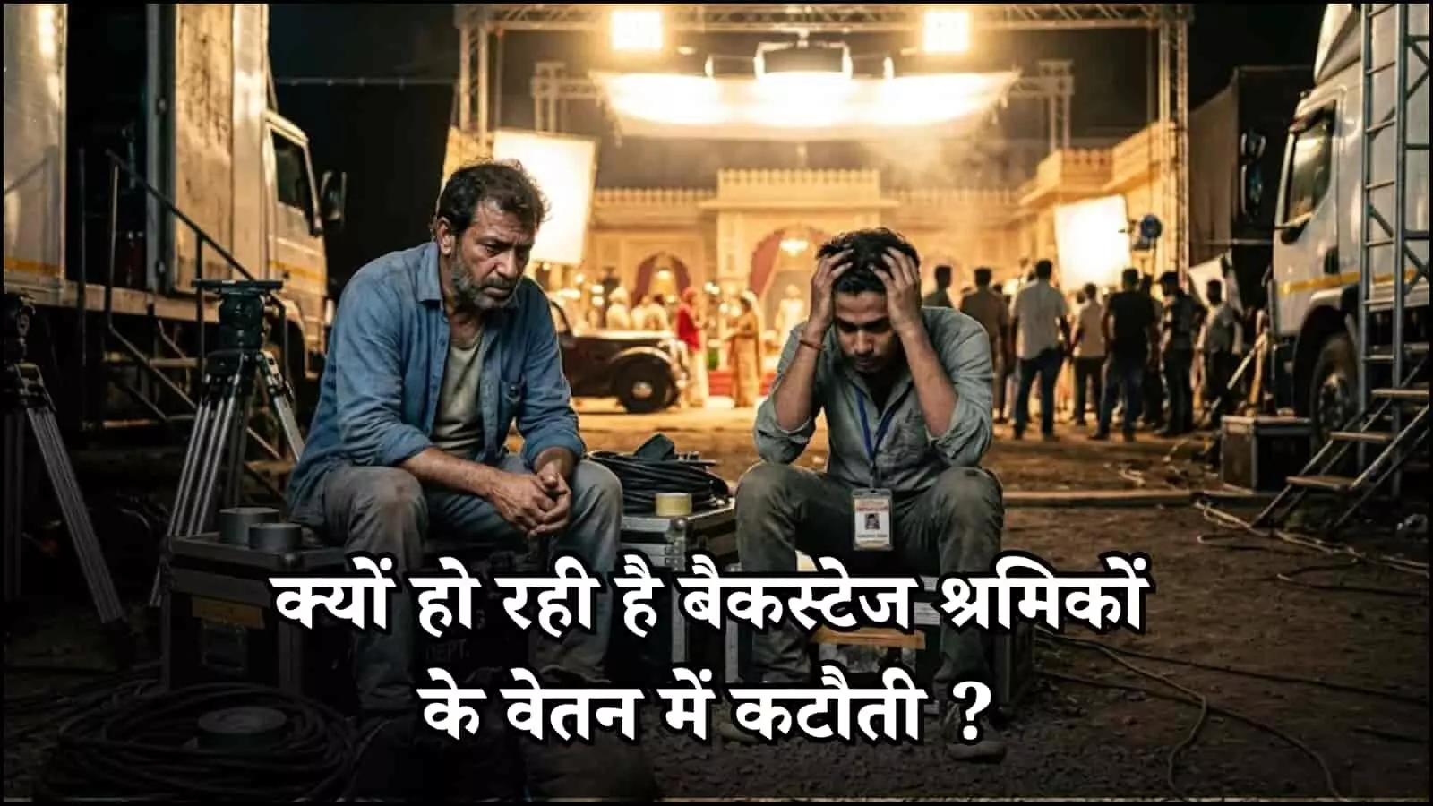 शूटिंग सेट पर लाइट और कैमरा उपकरणों के पास बैठे कामगार फिल्म उद्योग में वित्तीय संकट के संदर्भ में.