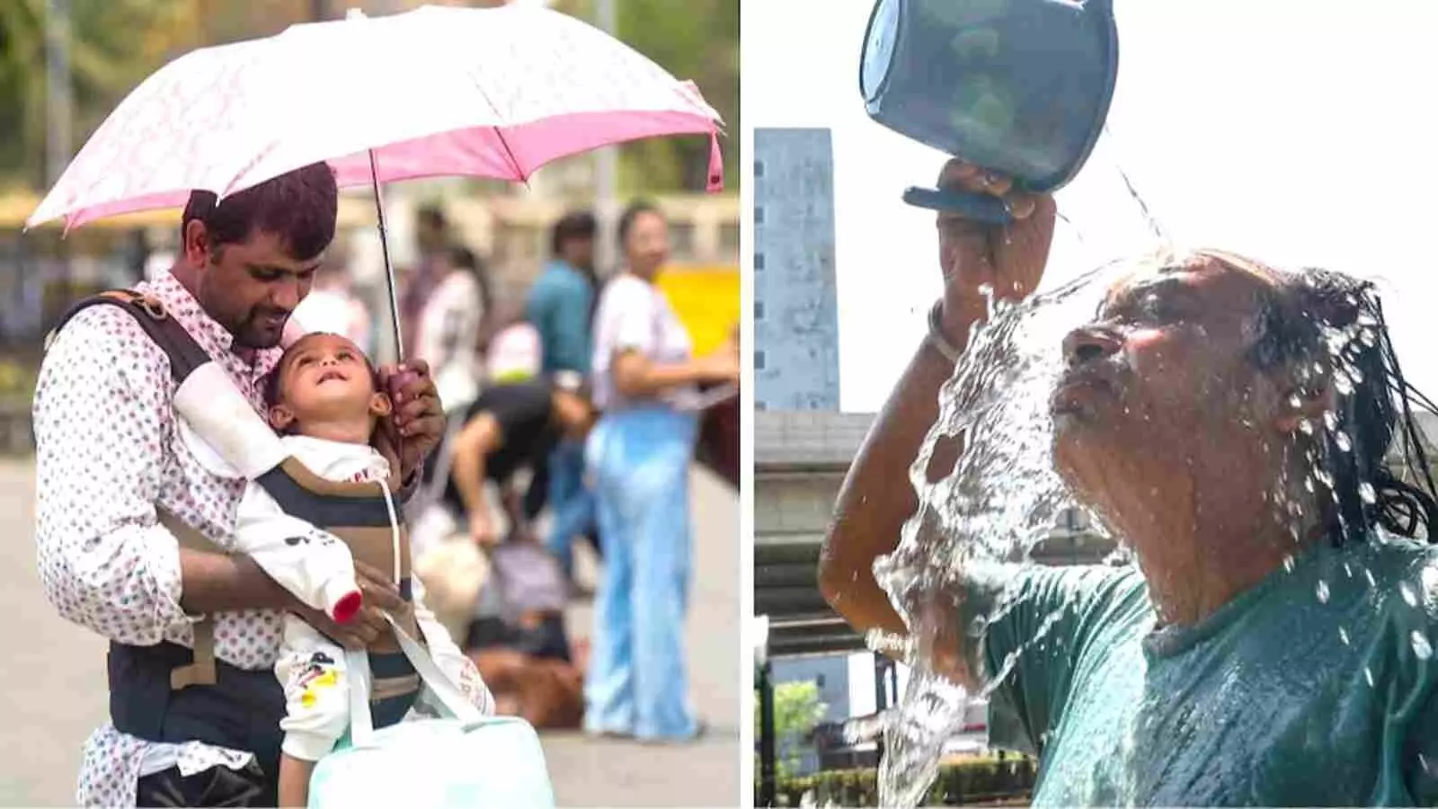 धूप से बचने के लिए छतरी पकड़े व्यक्ति और सिर पर पानी डालते पुरुष की संयुक्त तस्वीर। धूप से बचने के लिए छतरी पकड़े व्यक्ति और सिर पर पानी डालते पुरुष की संयुक्त तस्वीर।