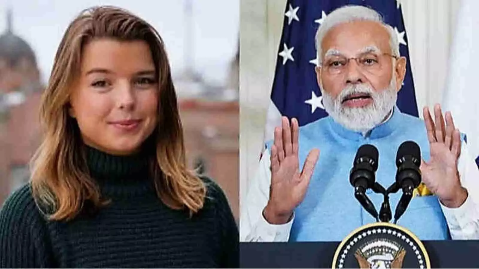 पोडियम पर खड़े प्रधानमंत्री नरेंद्र मोदी और बाईं ओर महिला पत्रकार का चित्र प्रेस कॉन्फ्रेंस के संदर्भ में। पोडियम पर खड़े प्रधानमंत्री नरेंद्र मोदी और बाईं ओर महिला पत्रकार का चित्र प्रेस कॉन्फ्रेंस के संदर्भ में।