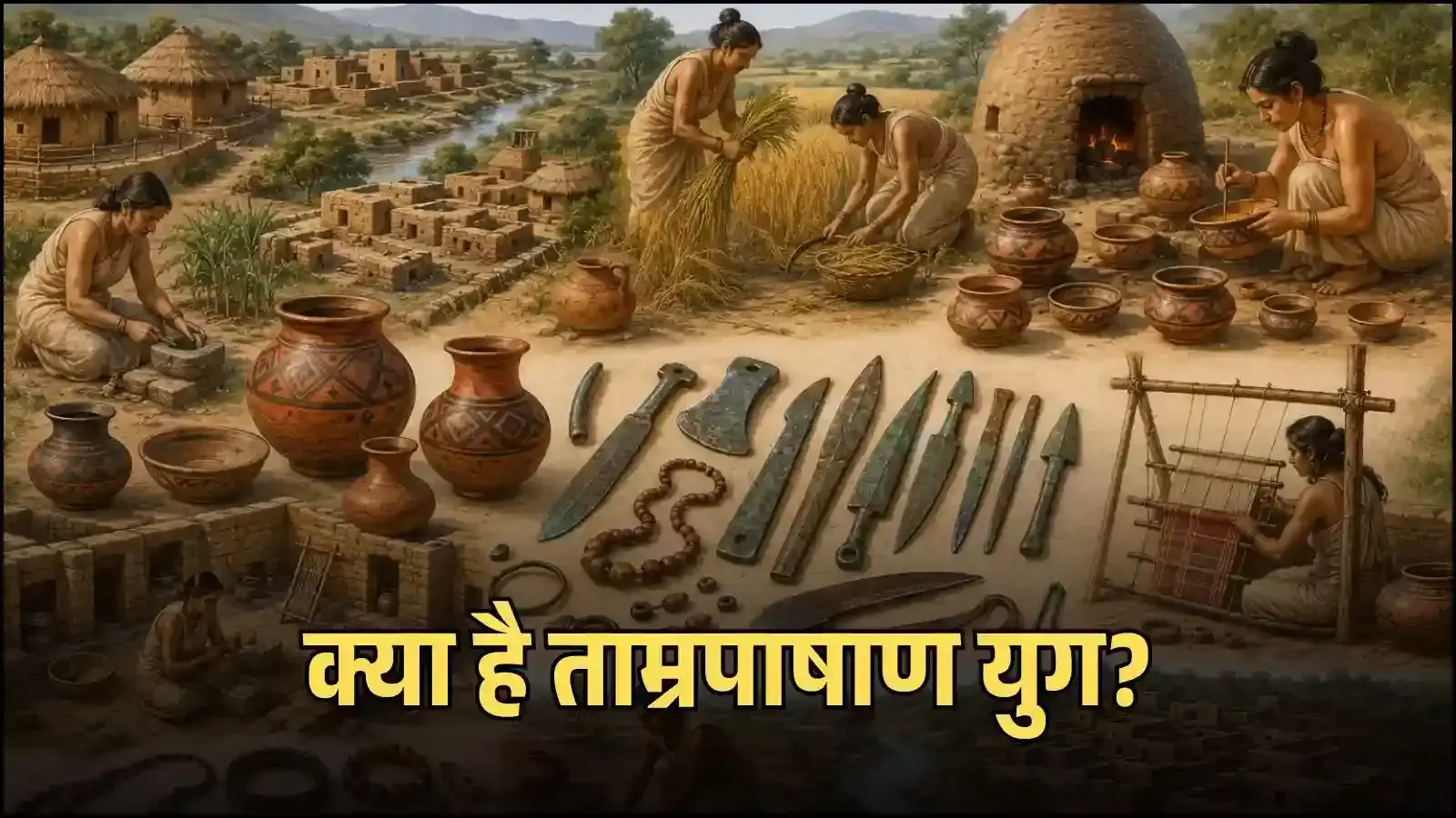 ताम्रपाषाण युग में प्रयुक्त तांबे के उपकरण और बर्तन, भारतीय इतिहास के विकास का प्रमाण। Image generated by AI for illustrative purposes. ताम्रपाषाण युग में प्रयुक्त तांबे के उपकरण और बर्तन, भारतीय इतिहास के विकास का प्रमाण। Image generated by AI for illustrative purposes.