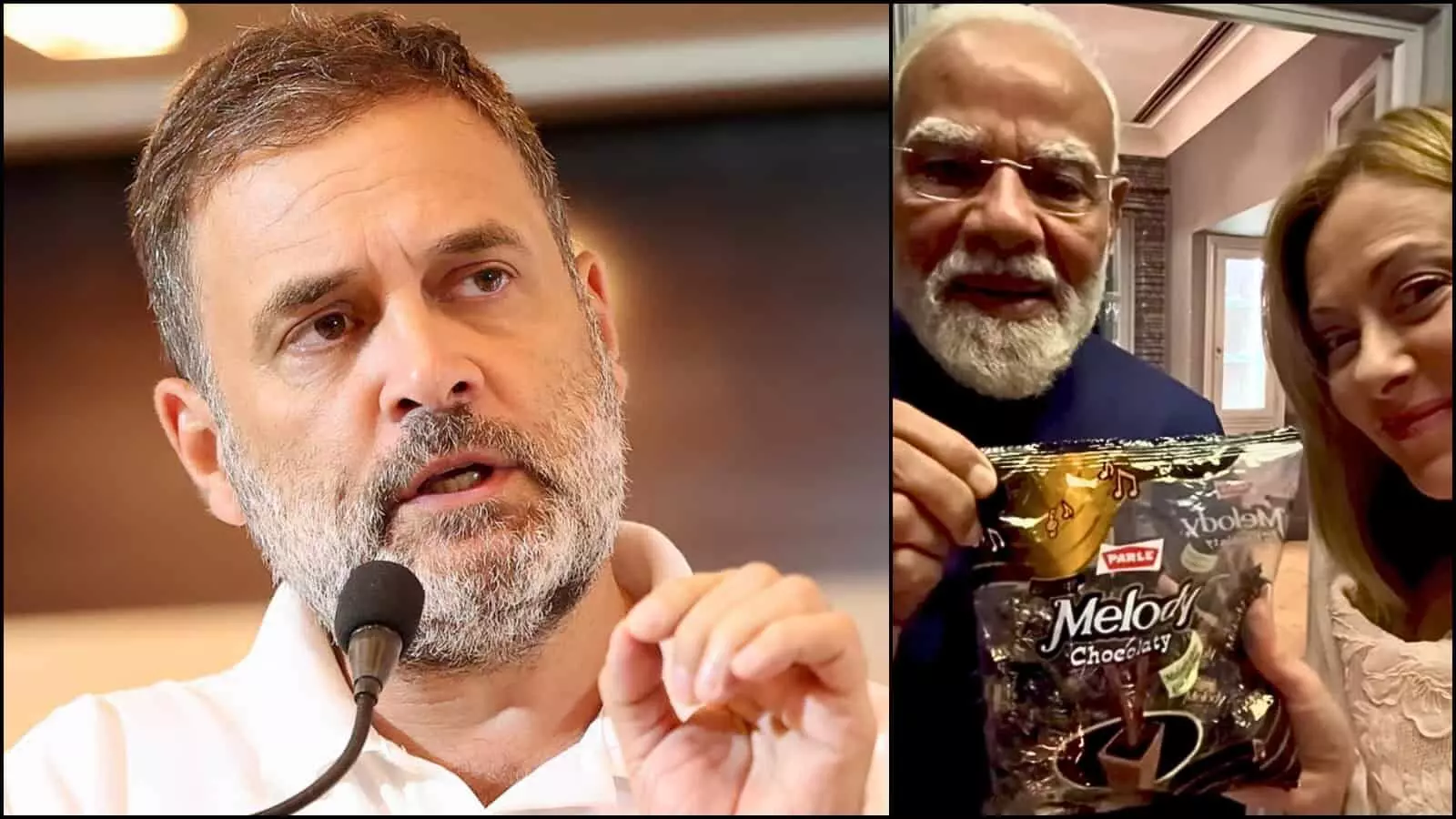 माइक पर बोलते राहुल गांधी और दूसरी तरफ मेलोडी टॉफी का पैकेट पकड़े प्रधानमंत्री नरेंद्र मोदी और जॉर्जिया मेलोनी का कोलाज।