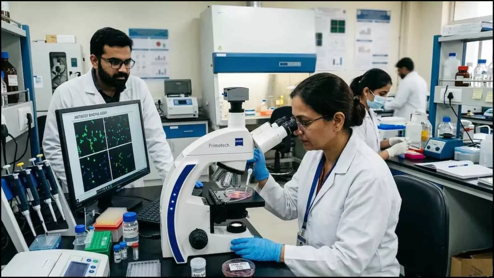 प्रयोगशाला में माइक्रोस्कोप से जांच करती महिला वैज्ञानिक और पास में कंप्यूटर स्क्रीन देखता हुआ पुरुष शोधकर्ता। प्रयोगशाला में माइक्रोस्कोप से जांच करती महिला वैज्ञानिक और पास में कंप्यूटर स्क्रीन देखता हुआ पुरुष शोधकर्ता।
