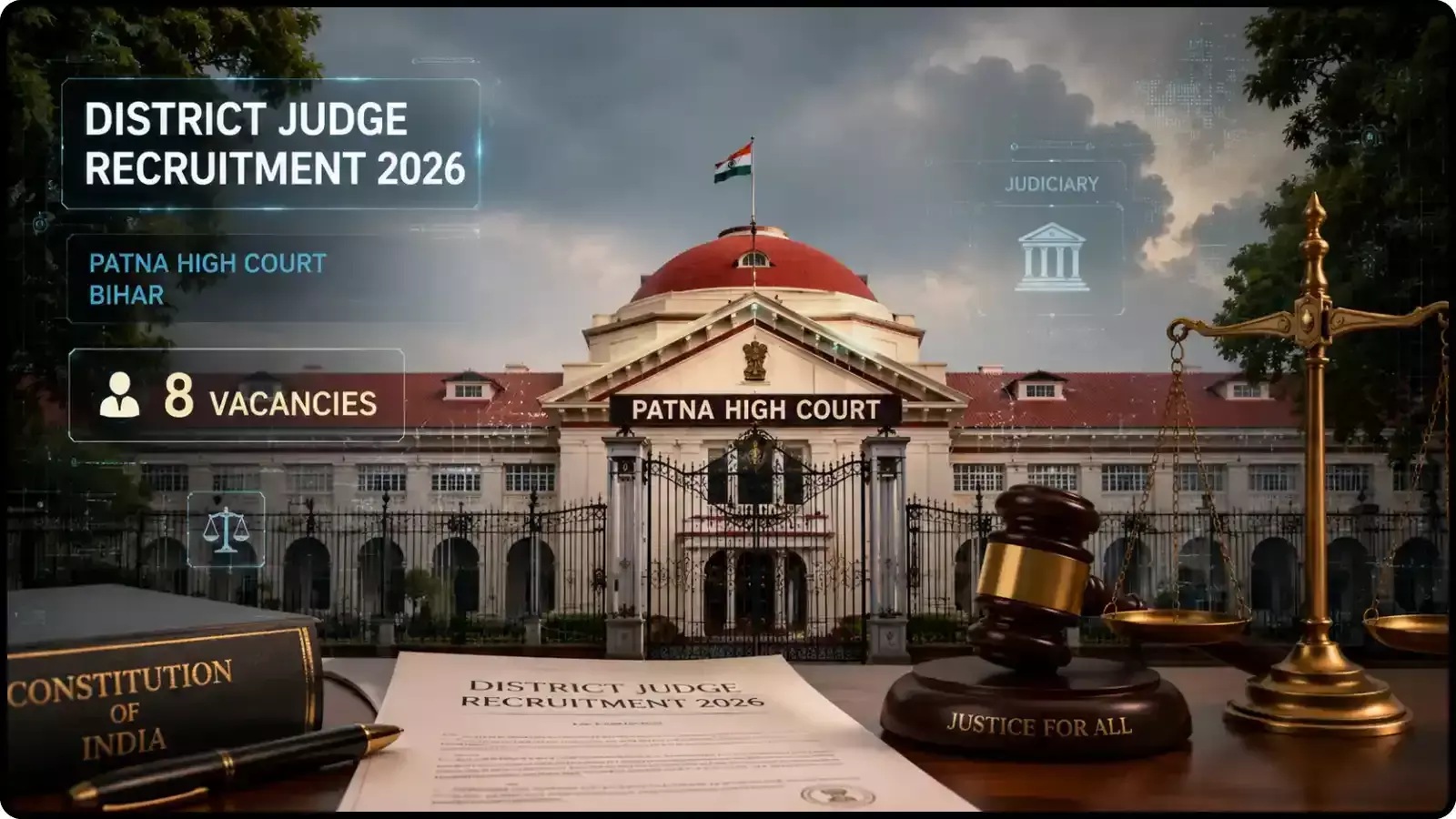 इंफोग्राफिक पोस्टर में पटना हाईकोर्ट भवन का अग्रभाग और जिला जज भर्ती 2026 का पाठ्य विवरण।