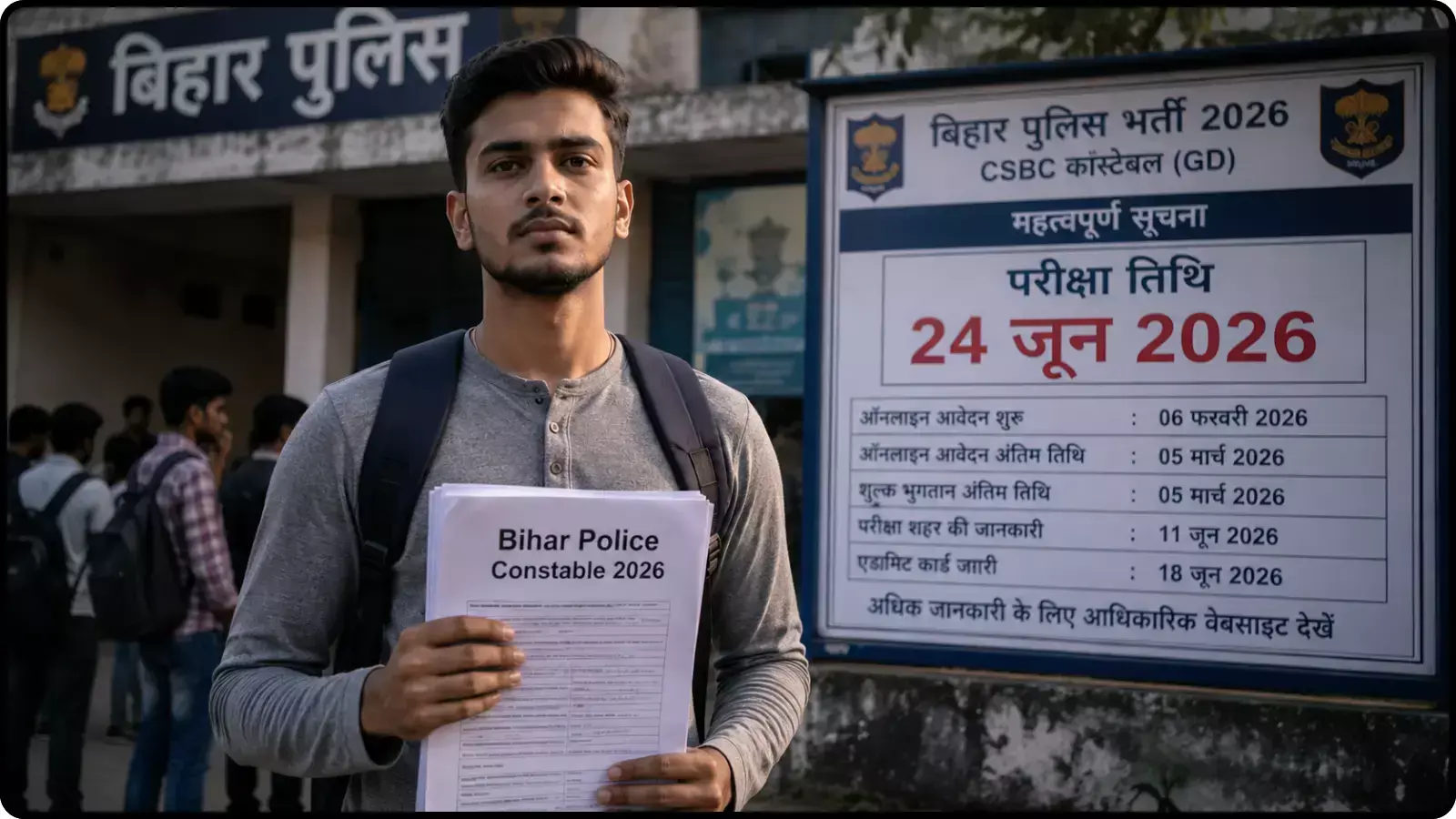 सूचना बोर्ड के पास परीक्षा तिथि का दस्तावेज थामे खड़ा एक छात्र जो बिहार पुलिस कांस्टेबल भर्ती के संदर्भ में है। सूचना बोर्ड के पास परीक्षा तिथि का दस्तावेज थामे खड़ा एक छात्र जो बिहार पुलिस कांस्टेबल भर्ती के संदर्भ में है।