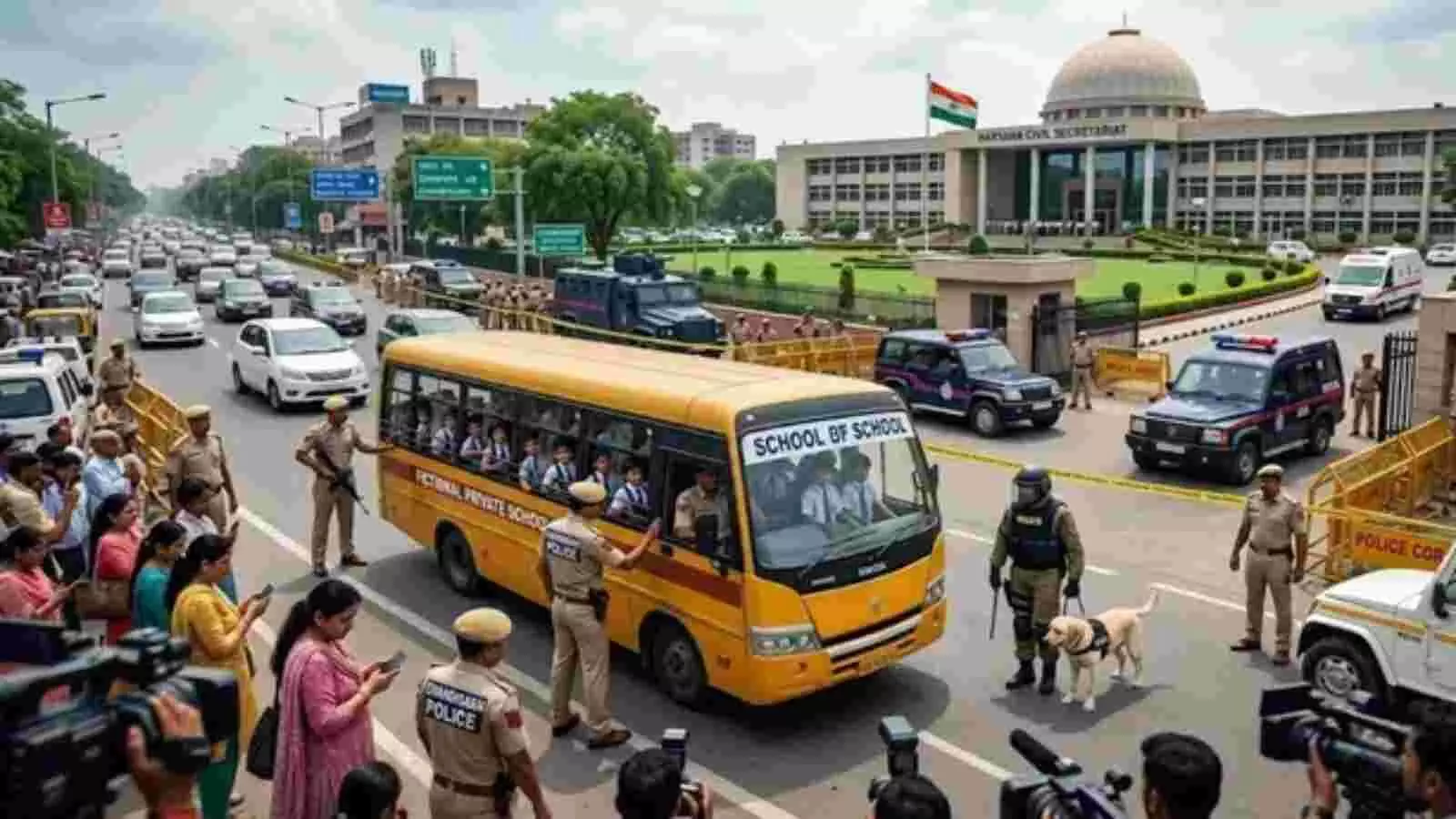 एक पीली स्कूल बस के पास खड़े सुरक्षा बल के जवान चंडीगढ़ में सुरक्षा घेराबंदी के संदर्भ में तैनात दिख रहे हैं। एक पीली स्कूल बस के पास खड़े सुरक्षा बल के जवान चंडीगढ़ में सुरक्षा घेराबंदी के संदर्भ में तैनात दिख रहे हैं।
