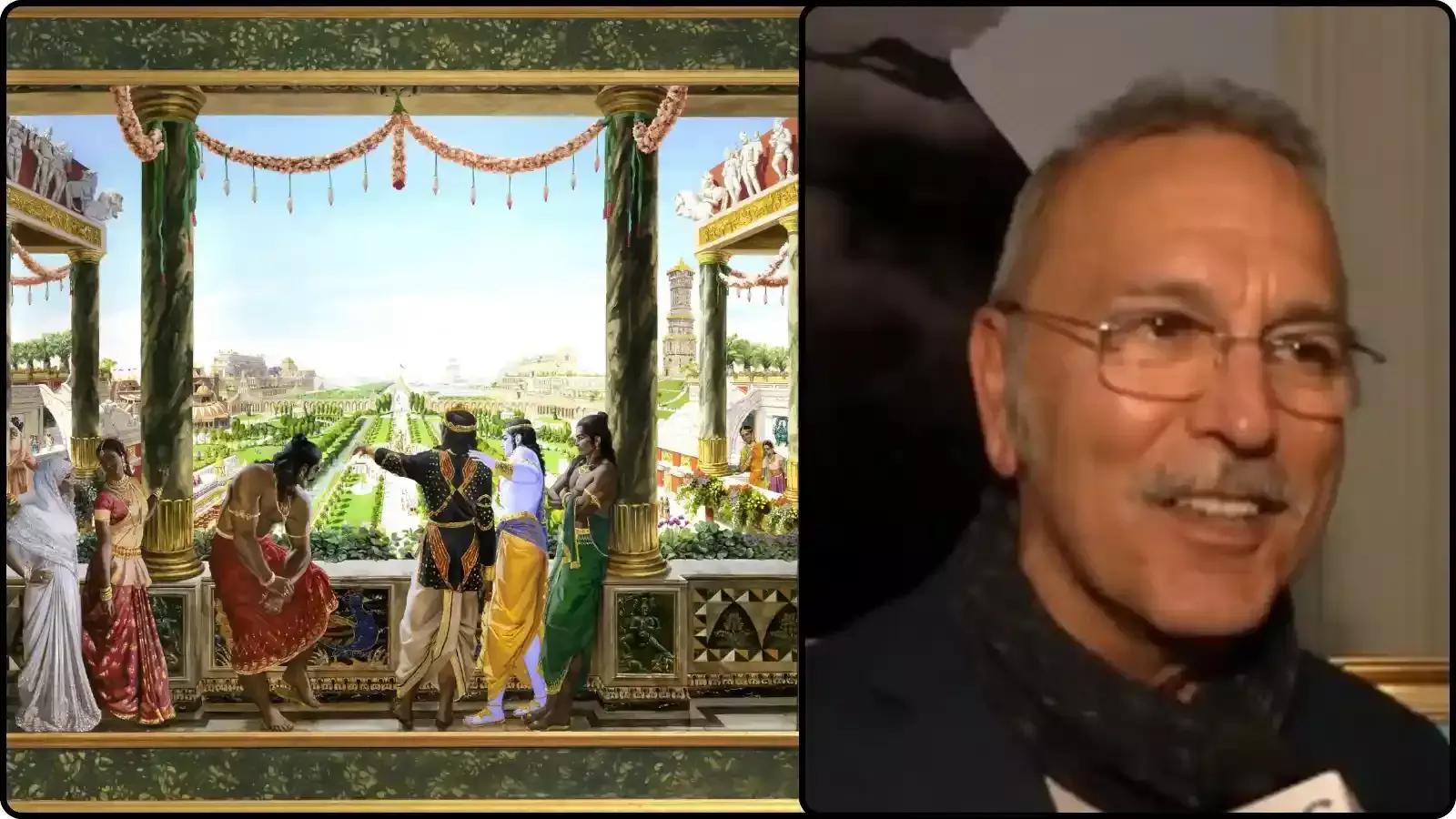 महल के बरामदे में खड़े पौराणिक पात्रों की कलाकृति और चश्मा पहने मुस्कुराते चित्रकार जियाम्पाओलो टोमासेट्टी। महल के बरामदे में खड़े पौराणिक पात्रों की कलाकृति और चश्मा पहने मुस्कुराते चित्रकार जियाम्पाओलो टोमासेट्टी।