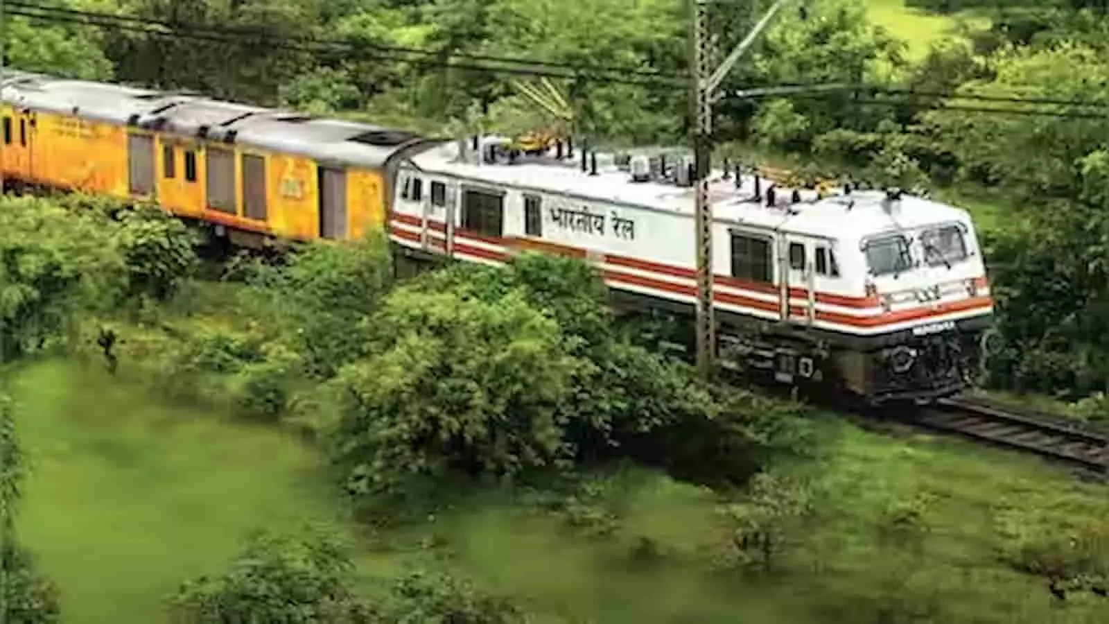 भारतीय रेल का एक सफेद और लाल रंग का इलेक्ट्रिक इंजन ट्रेन के डिब्बों को खींचते हुए हरियाली के बीच से गुजर रहा है। भारतीय रेल का एक सफेद और लाल रंग का इलेक्ट्रिक इंजन ट्रेन के डिब्बों को खींचते हुए हरियाली के बीच से गुजर रहा है।