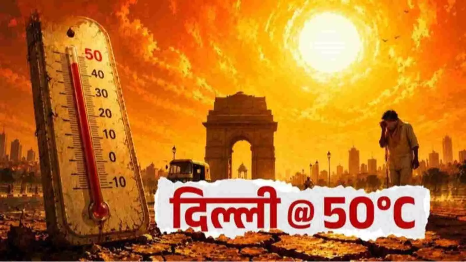 सूखी धरती पर थर्मामीटर और इंडिया गेट के ऊपर तेज चमकता सूरज दिख रहा है। सूखी धरती पर थर्मामीटर और इंडिया गेट के ऊपर तेज चमकता सूरज दिख रहा है।