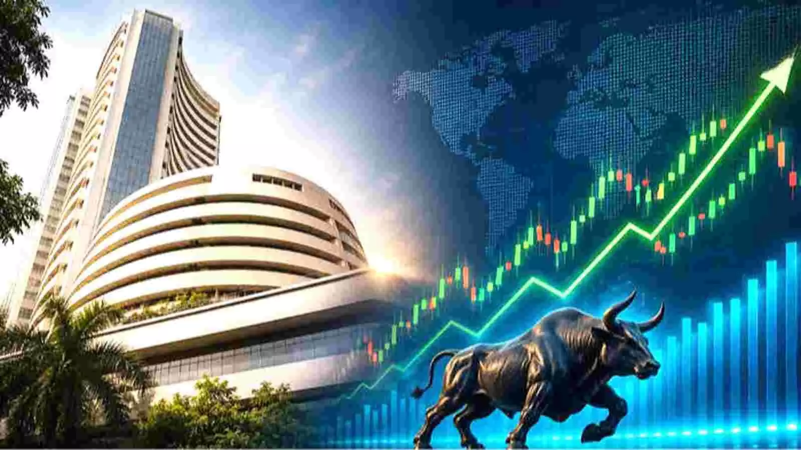 मुंबई में बॉम्बे स्टॉक एक्सचेंज की इमारत और तेजी को दर्शाता ग्राफिक्स सांड शेयर बाजार में बढ़त के संदर्भ में| मुंबई में बॉम्बे स्टॉक एक्सचेंज की इमारत और तेजी को दर्शाता ग्राफिक्स सांड शेयर बाजार में बढ़त के संदर्भ में|
