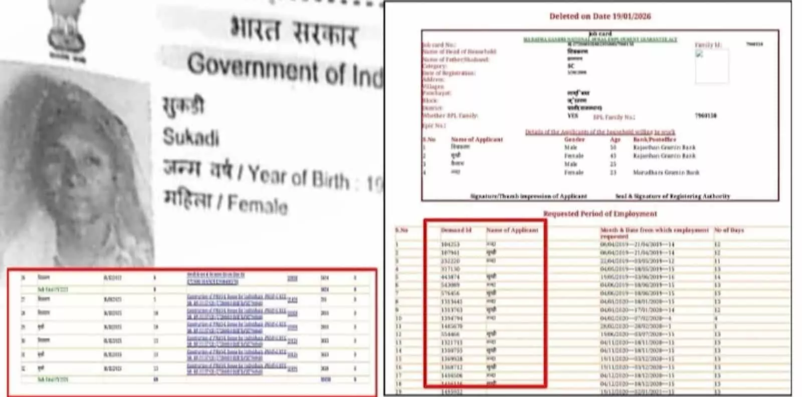 मनरेगा रिकॉर्ड और आधार कार्ड की प्रति जिसमें जैतारण में मृत महिला के नाम पर फर्जी भुगतान का संदर्भ है। मनरेगा रिकॉर्ड और आधार कार्ड की प्रति जिसमें जैतारण में मृत महिला के नाम पर फर्जी भुगतान का संदर्भ है।