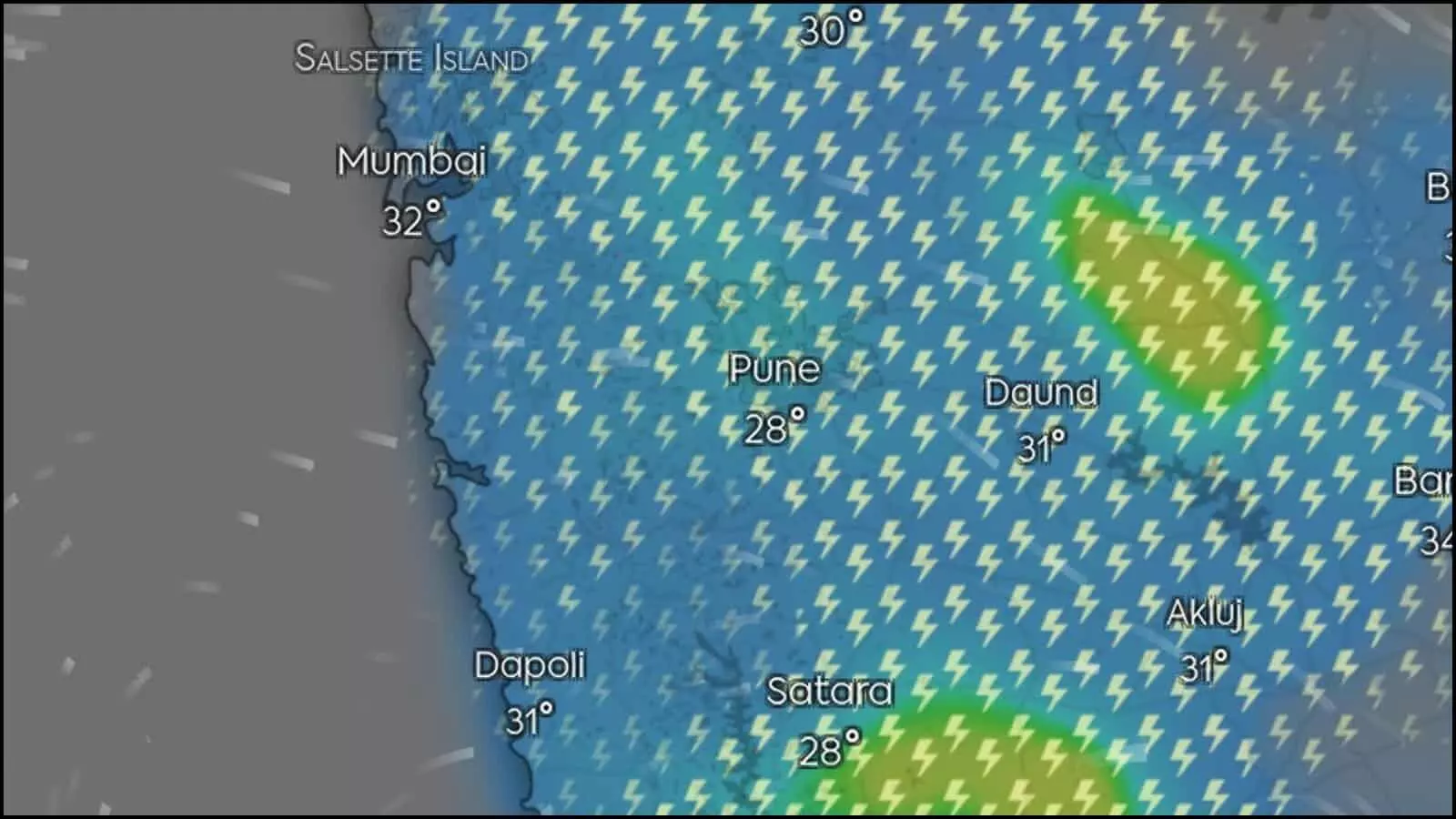 मौसम पूर्वानुमान सैटेलाइट रडार मैप जिसमें मुंबई और पुणे के ऊपर गरज-चमक के संकेत दिखाई दे रहे हैं।