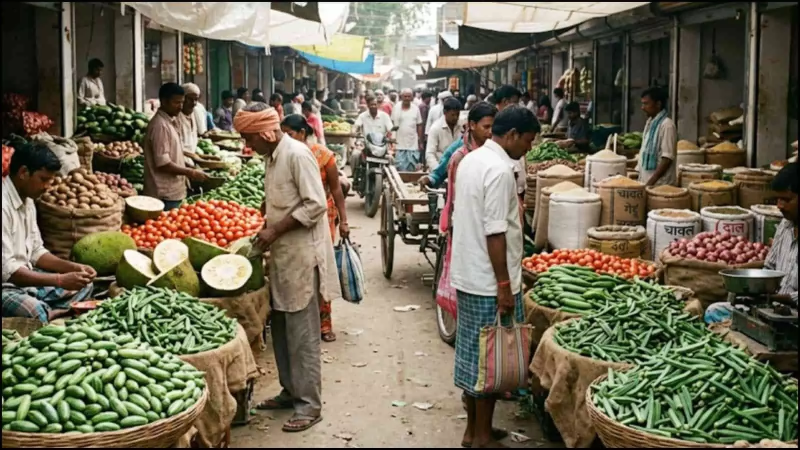 कृषि मंडी में बोरे और टोकरियों में रखी विभिन्न प्रकार की सब्जियां और अनाज। कृषि मंडी में बोरे और टोकरियों में रखी विभिन्न प्रकार की सब्जियां और अनाज।