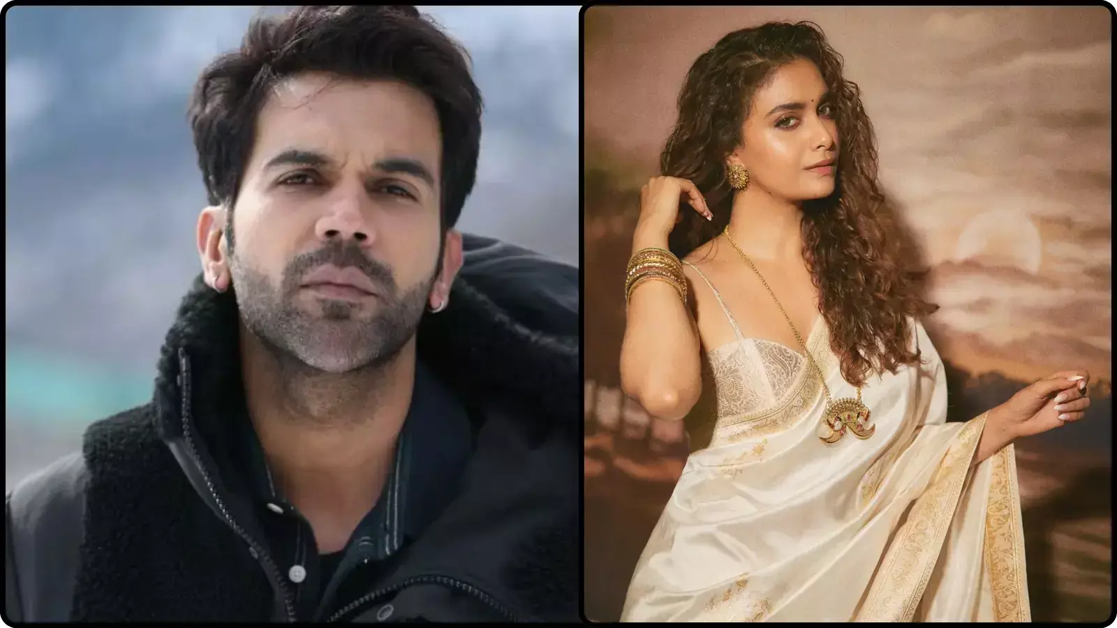 बाईं ओर अभिनेता राजकुमार राव और दाईं ओर पारंपरिक सफेद साड़ी पहने अभिनेत्री कीर्ति सुरेश का कोलाज चित्र। बाईं ओर अभिनेता राजकुमार राव और दाईं ओर पारंपरिक सफेद साड़ी पहने अभिनेत्री कीर्ति सुरेश का कोलाज चित्र।