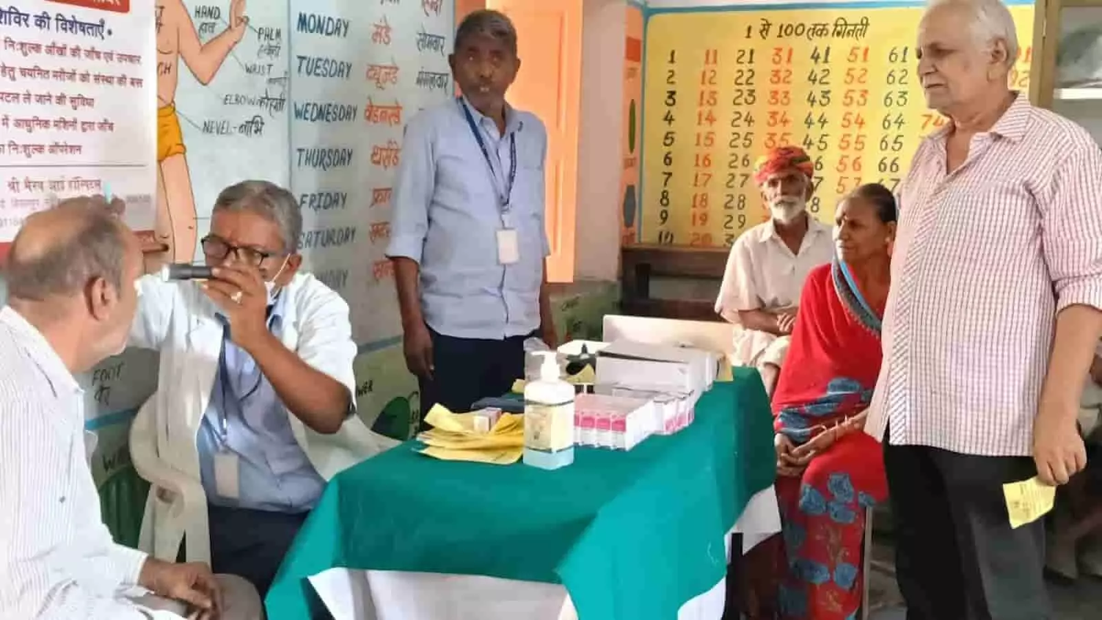 आमेट के स्कूल में आयोजित चिकित्सा शिविर में डॉक्टर टॉर्च से बुजुर्ग मरीज की आंख की जांच कर रहे हैं। आमेट के स्कूल में आयोजित चिकित्सा शिविर में डॉक्टर टॉर्च से बुजुर्ग मरीज की आंख की जांच कर रहे हैं।