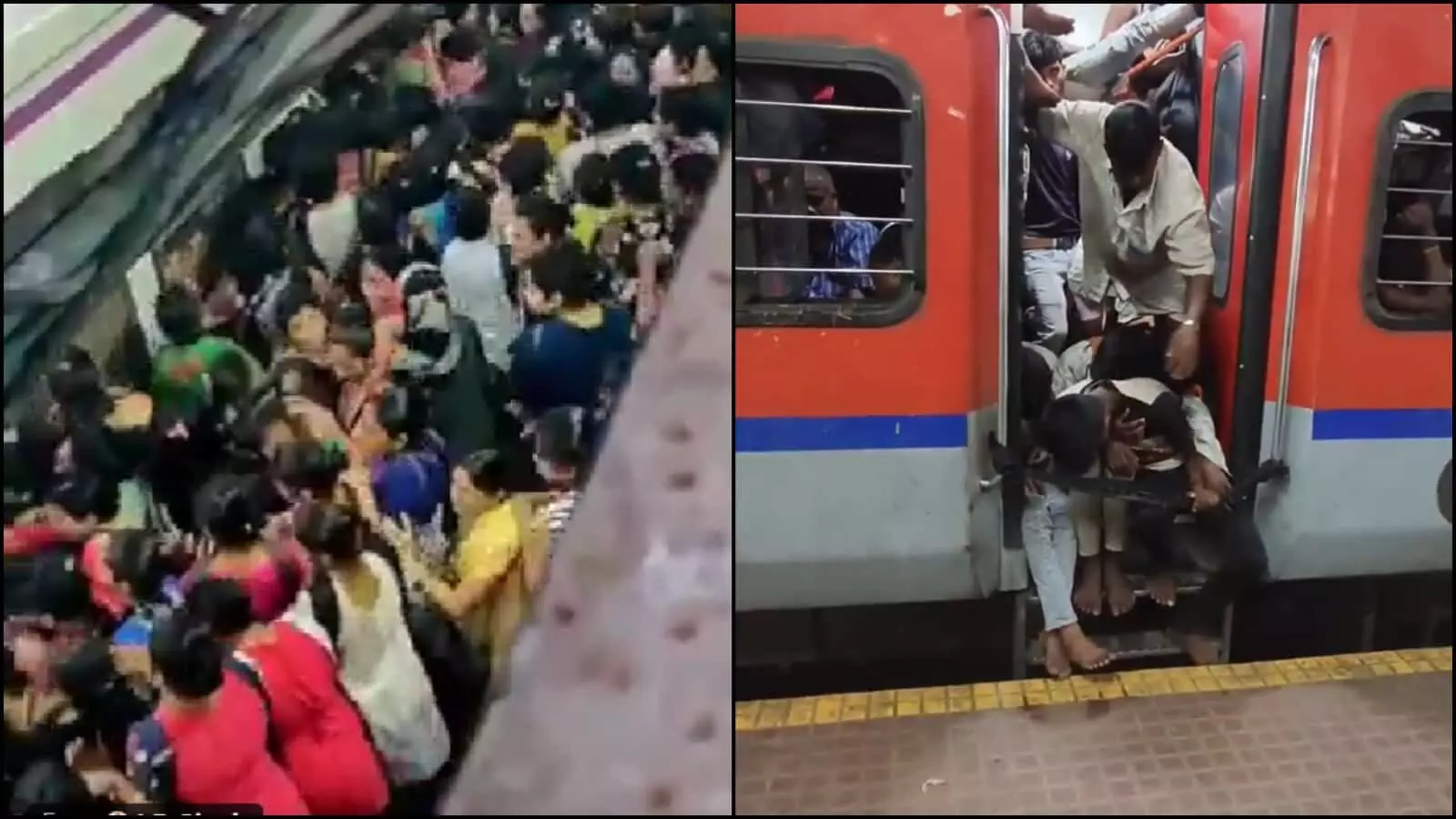 मुंबई के रेलवे स्टेशन पर खचाखच भरी लोकल और एक्सप्रेस ट्रेनों के दरवाजों पर लटके यात्री सफर कर रहे हैं। मुंबई के रेलवे स्टेशन पर खचाखच भरी लोकल और एक्सप्रेस ट्रेनों के दरवाजों पर लटके यात्री सफर कर रहे हैं।
