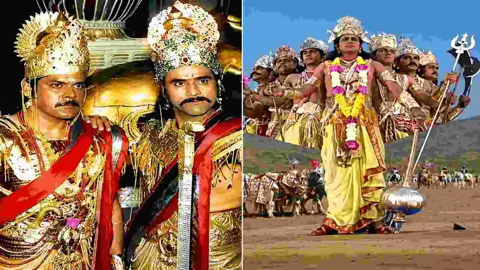 एक तरफ मुकुट पहने दो योद्धा और दूसरी तरफ कई सिरों वाले भगवान कृष्ण कुरुक्षेत्र में खड़े हुए। एक तरफ मुकुट पहने दो योद्धा और दूसरी तरफ कई सिरों वाले भगवान कृष्ण कुरुक्षेत्र में खड़े हुए।