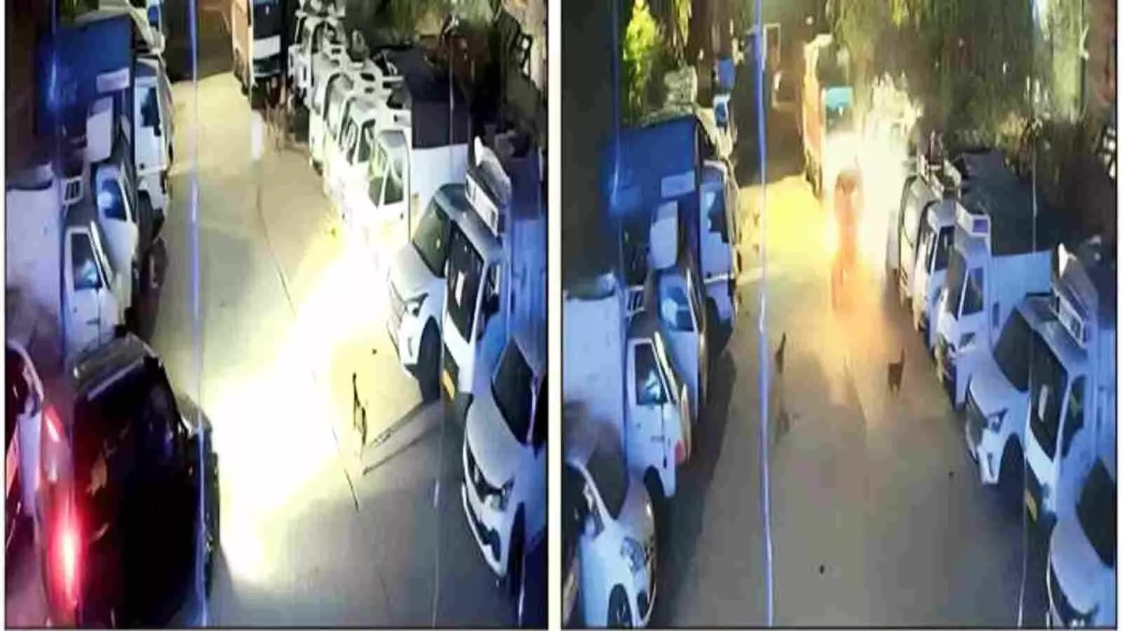 सीसीटीवी कैमरे का फुटेज जिसमें रात के समय सड़क किनारे कतार में खड़े छोटे मालवाहक वाहनों का दृश्य दिख रहा है। सीसीटीवी कैमरे का फुटेज जिसमें रात के समय सड़क किनारे कतार में खड़े छोटे मालवाहक वाहनों का दृश्य दिख रहा है।