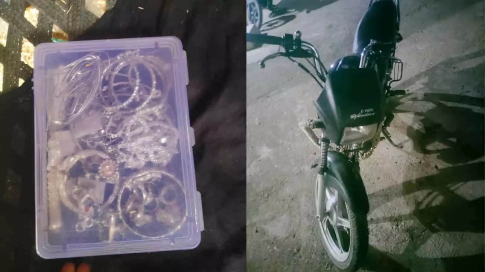 कुण पुलिस द्वारा बरामद चांदी के जेवरात और लूट में प्रयुक्त मोटरसाइकिल का दृश्य।