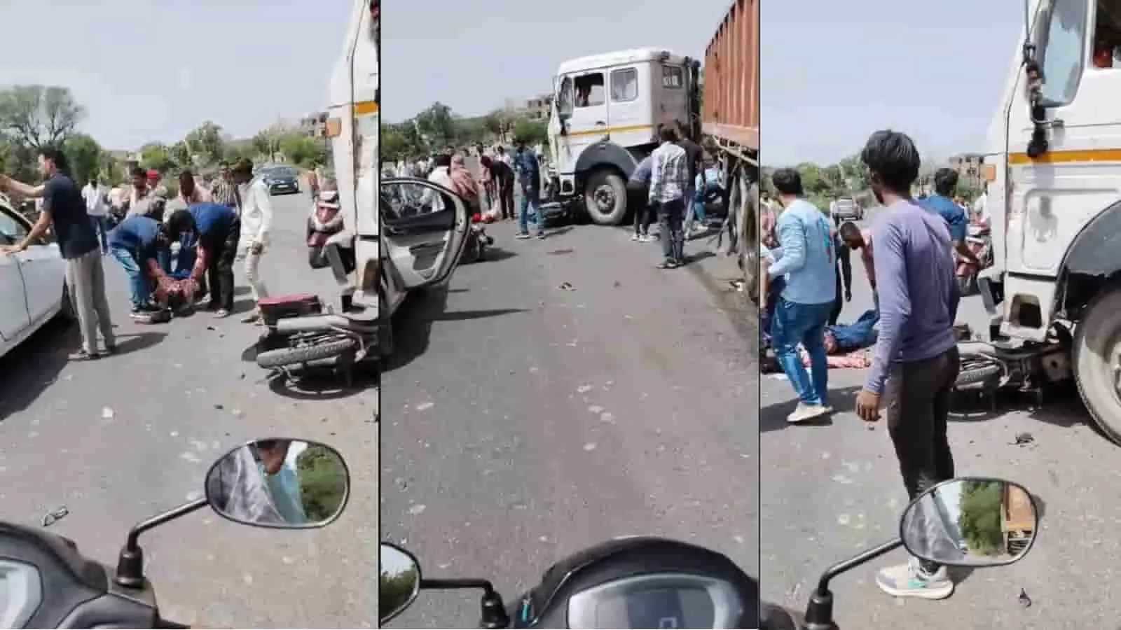 आमेट पुलिया के पास सड़क हादसे के बाद घटनास्थल पर एकत्रित भीड़ और क्षतिग्रस्त वाहन। आमेट पुलिया के पास सड़क हादसे के बाद घटनास्थल पर एकत्रित भीड़ और क्षतिग्रस्त वाहन।