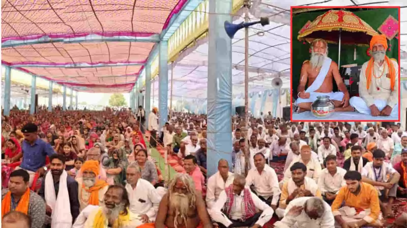 बारां के खेड़िया हनुमान मंदिर में आयोजित श्रीरामकथा के दौरान पंडाल में बैठे श्रद्धालु और व्यासपीठ पर मौजूद संत।