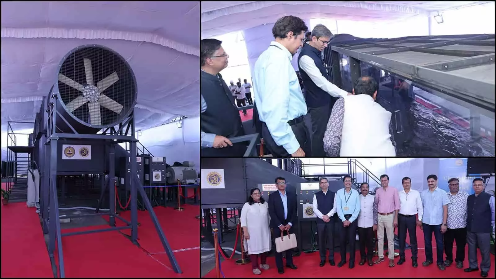 एक कोलाज में मरीन रिसर्च वॉटर टनल उपकरण और उद्घाटन समारोह में उपस्थित अधिकारी। एक कोलाज में मरीन रिसर्च वॉटर टनल उपकरण और उद्घाटन समारोह में उपस्थित अधिकारी।